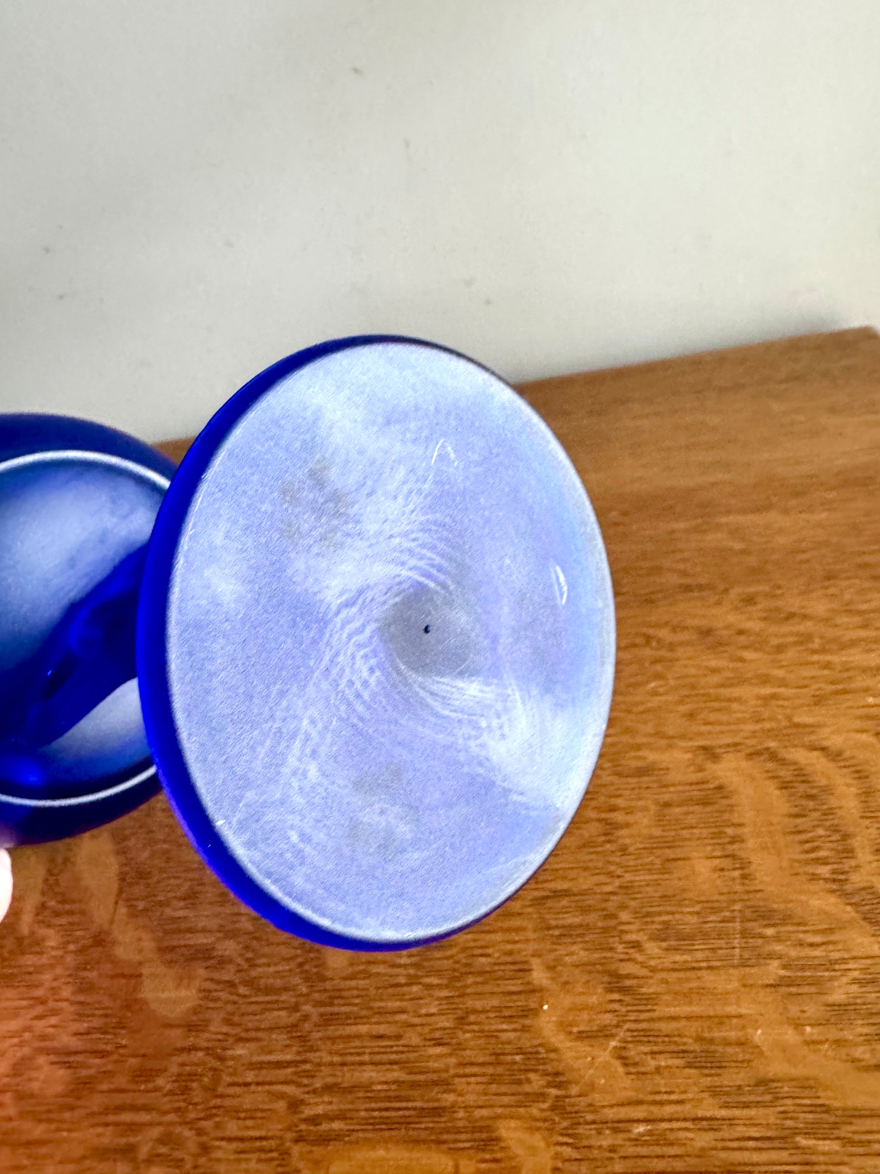 Vtg Compote Nude Carrie L.E. Smith Frosted Cobolt Glass | Cobalt Blue Glass Powder Jar