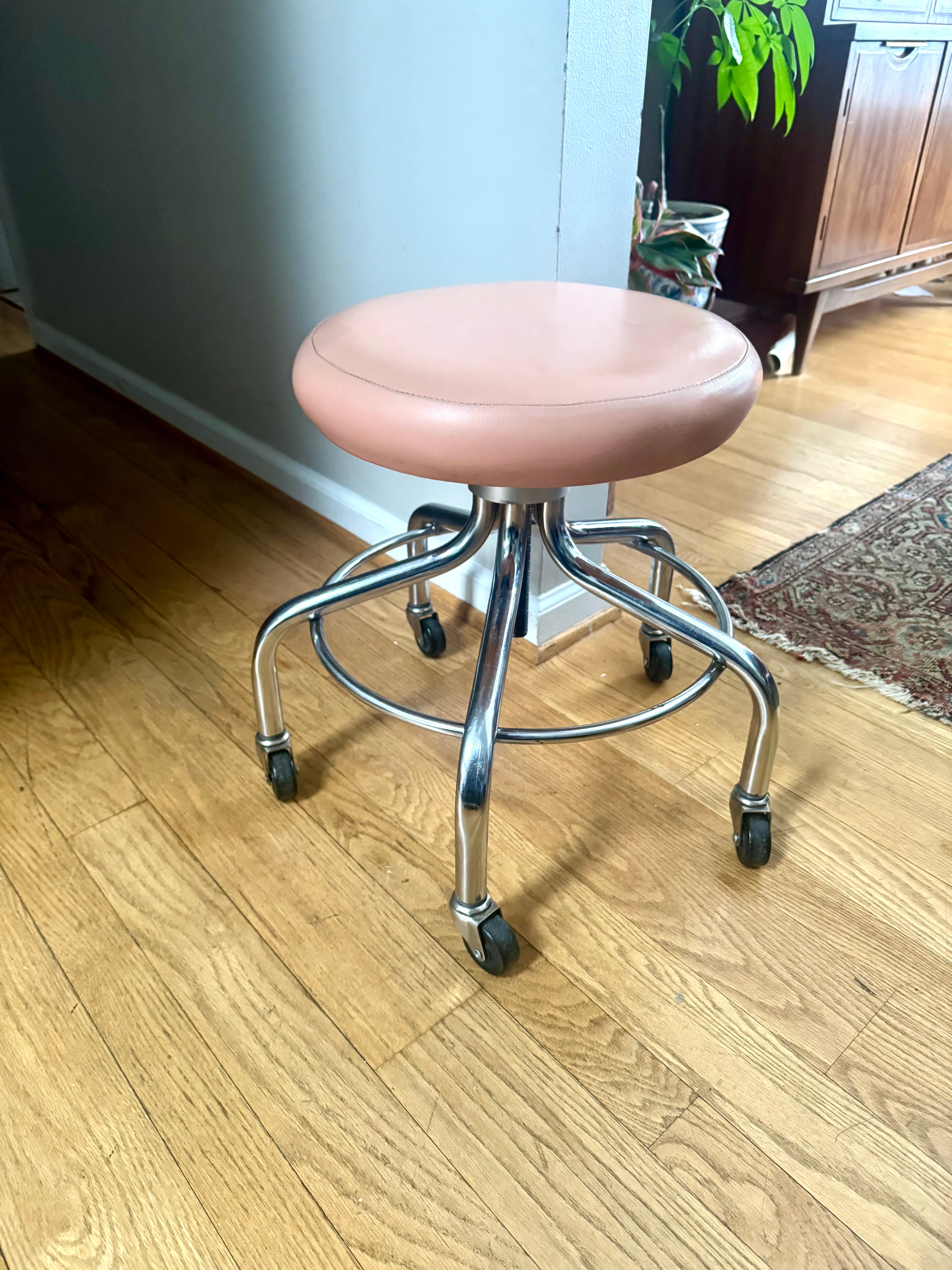 Vtg Medical Exam Stool | Chrome Metal Adjustable Rolling Stool | Pink Cushion Rolling Stool