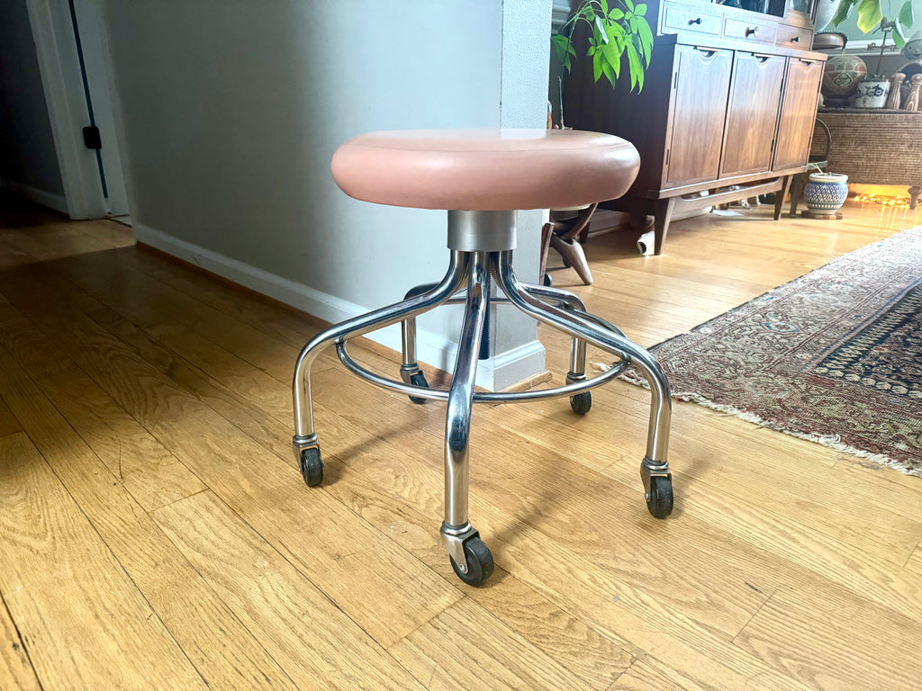 Vtg Medical Exam Stool | Chrome Metal Adjustable Rolling Stool | Pink Cushion Rolling Stool