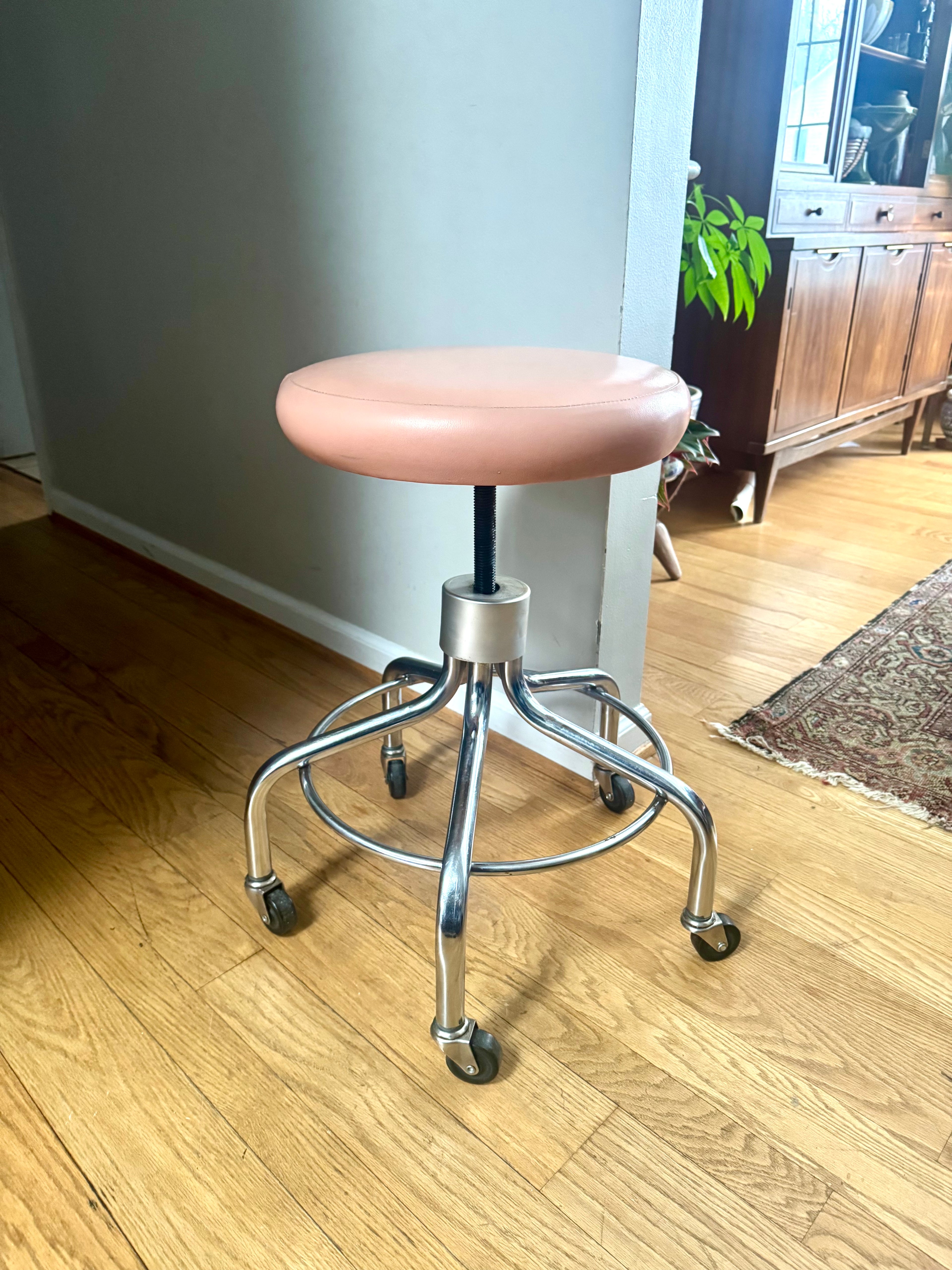 Vtg Medical Exam Stool | Chrome Metal Adjustable Rolling Stool | Pink Cushion Rolling Stool
