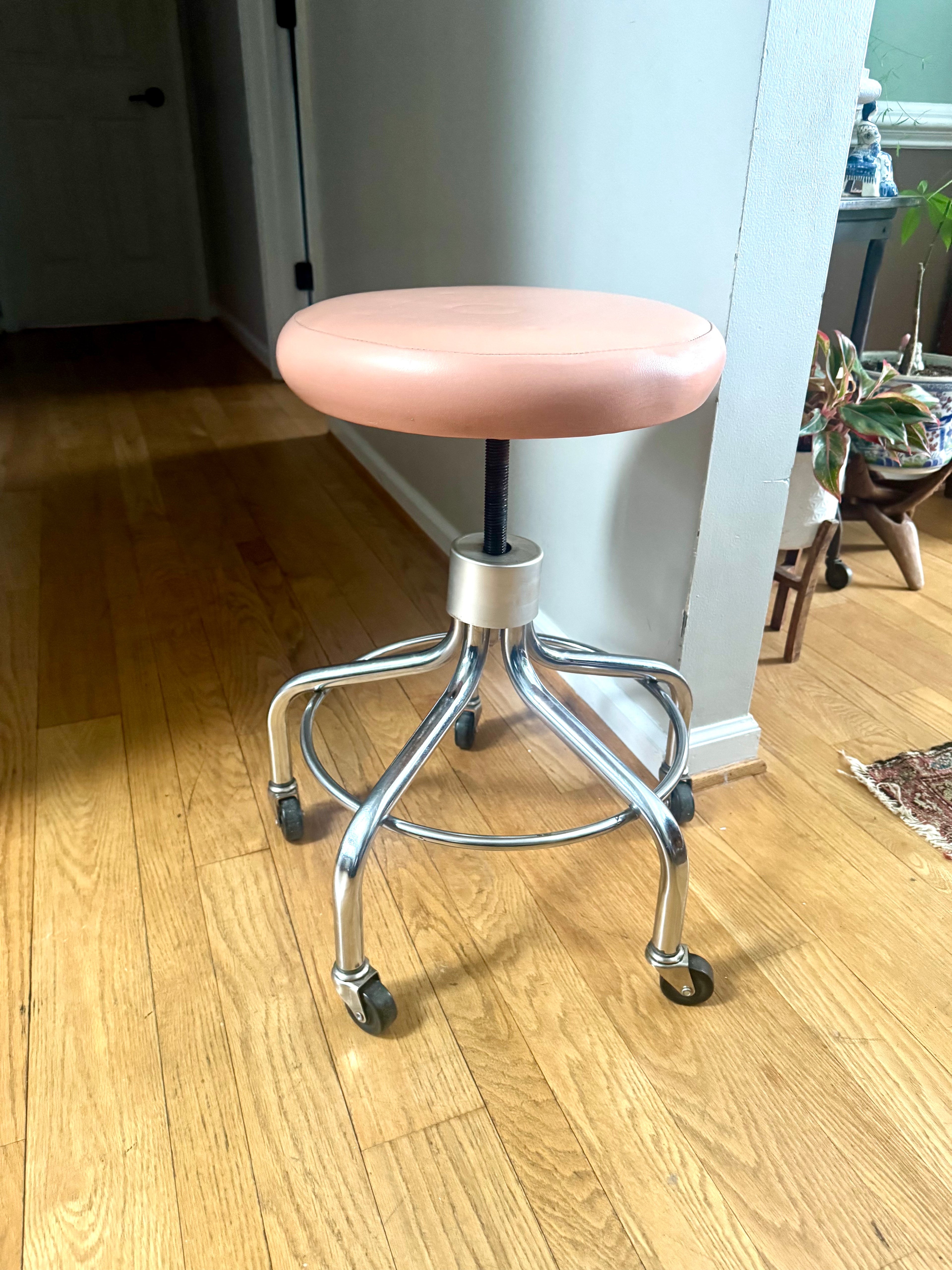 Vtg Medical Exam Stool | Chrome Metal Adjustable Rolling Stool | Pink Cushion Rolling Stool