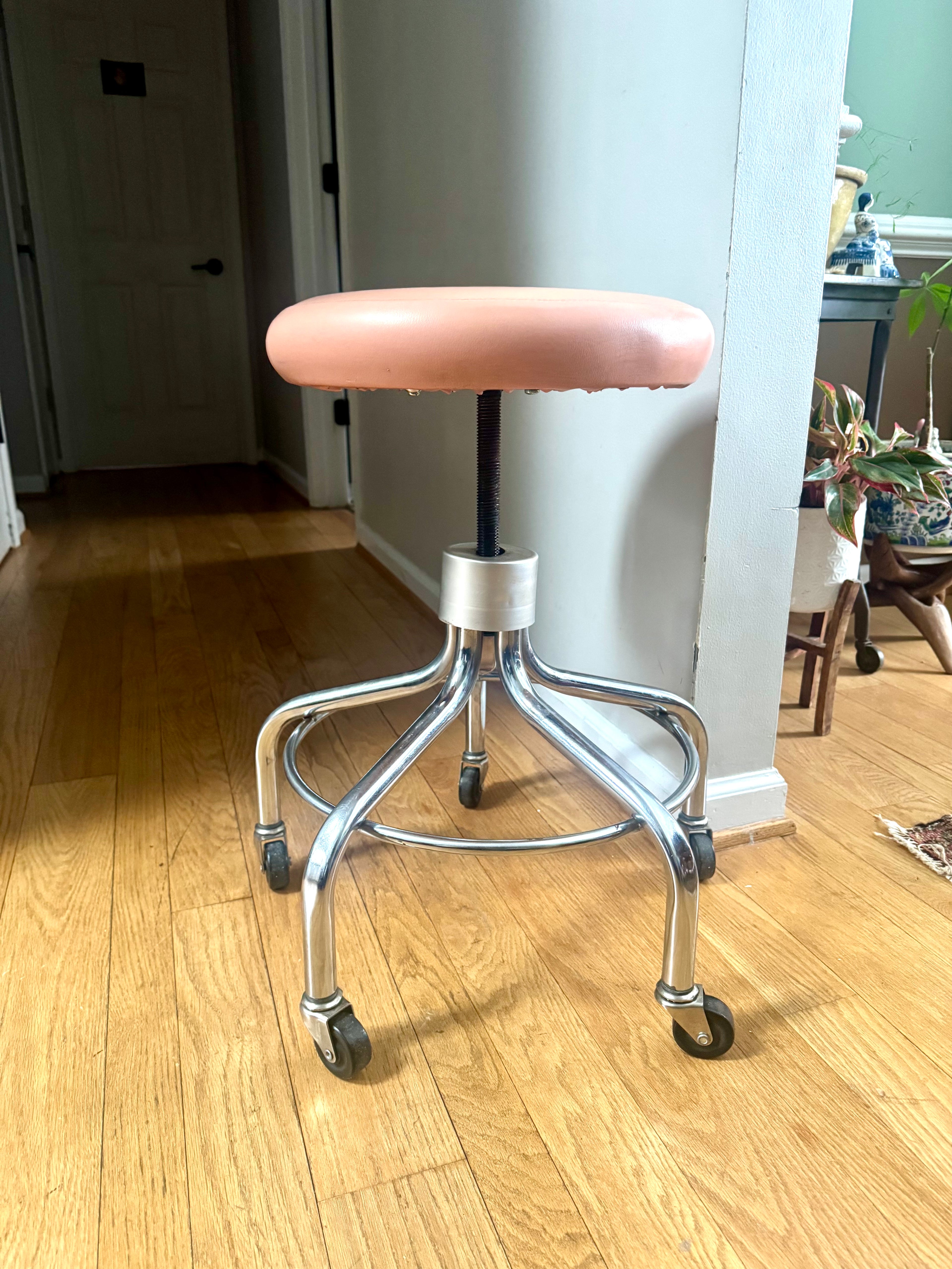 Vtg Medical Exam Stool | Chrome Metal Adjustable Rolling Stool | Pink Cushion Rolling Stool