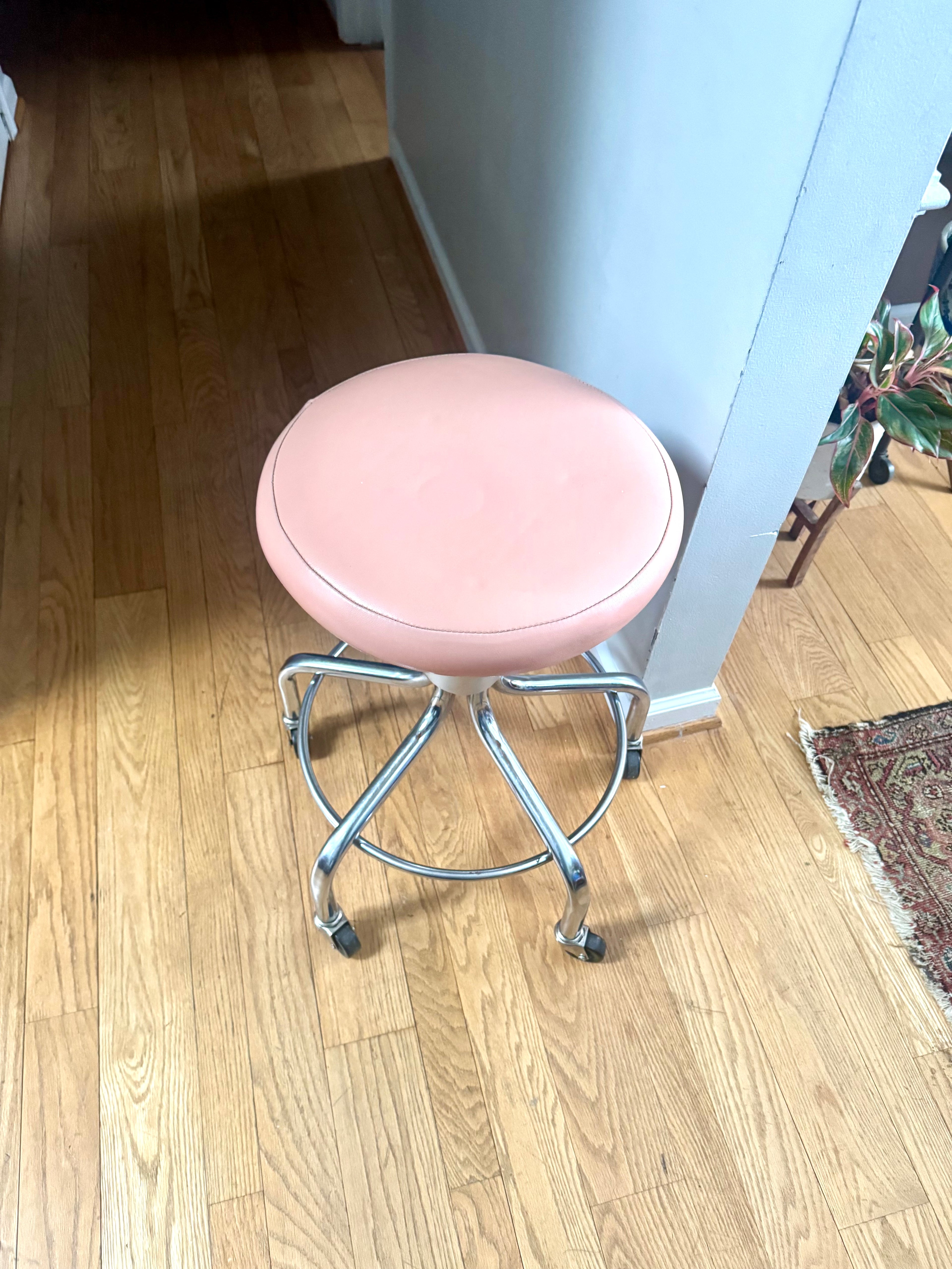 Vtg Medical Exam Stool | Chrome Metal Adjustable Rolling Stool | Pink Cushion Rolling Stool