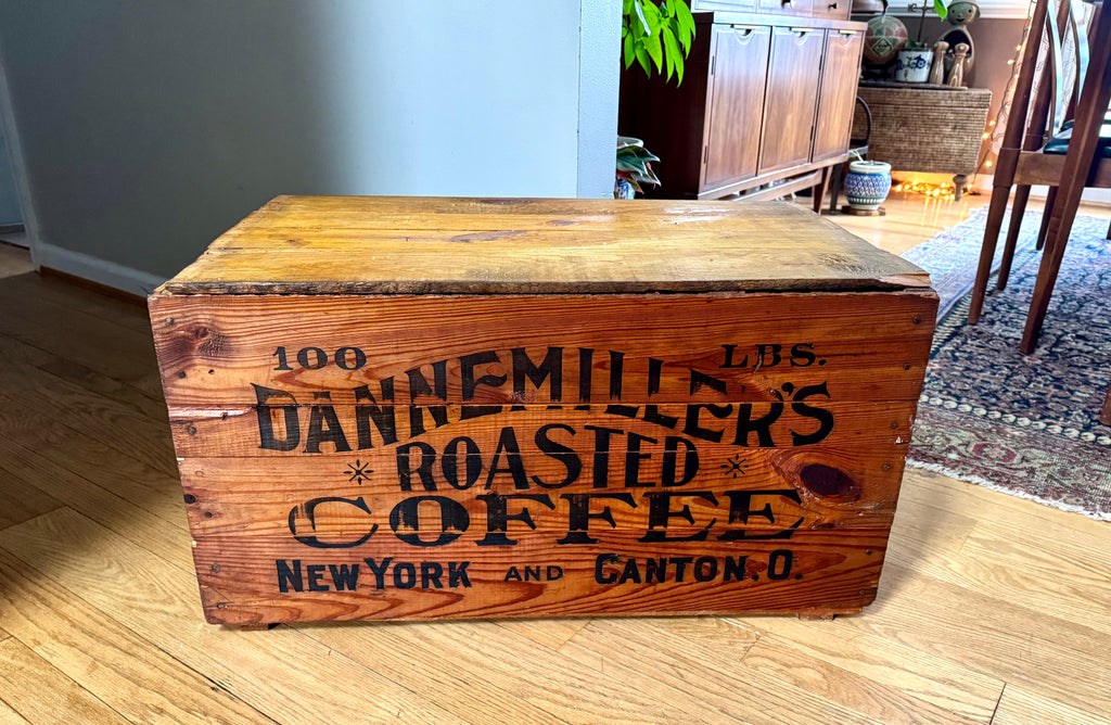 Antique Large Wood Dannemiller's Roasted Coffee Crate | 100lbs Roasted Coffee Crate W/lid