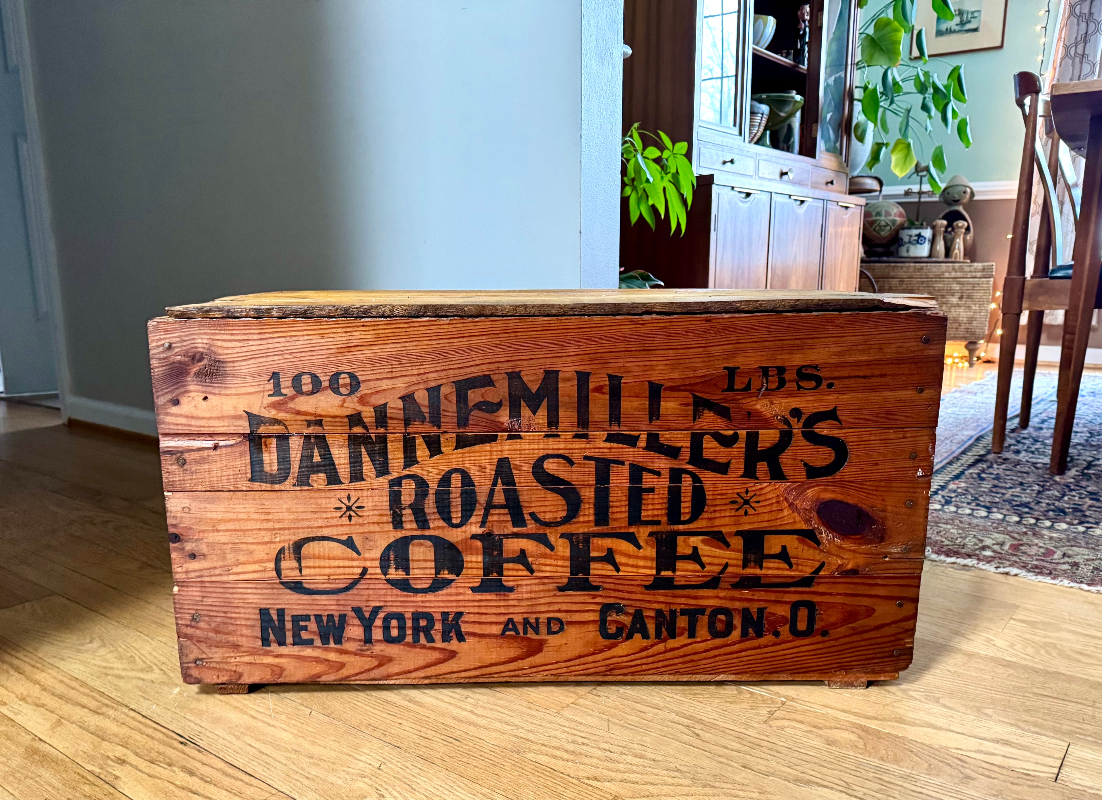 Antique Large Wood Dannemiller's Roasted Coffee Crate | 100lbs Roasted Coffee Crate W/lid