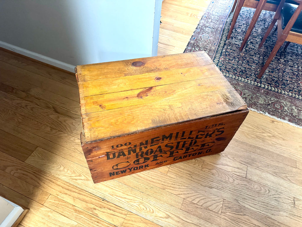 Antique Large Wood Dannemiller's Roasted Coffee Crate | 100lbs Roasted Coffee Crate W/lid