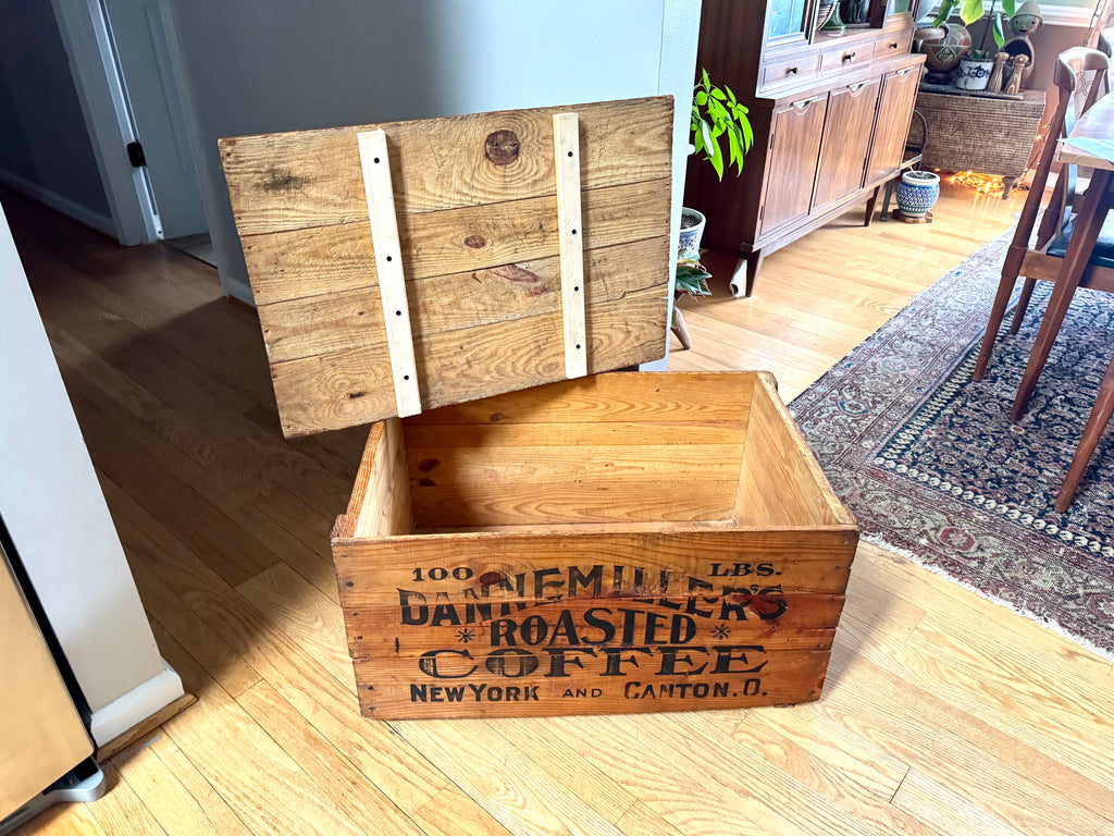 Antique Large Wood Dannemiller's Roasted Coffee Crate | 100lbs Roasted Coffee Crate W/lid
