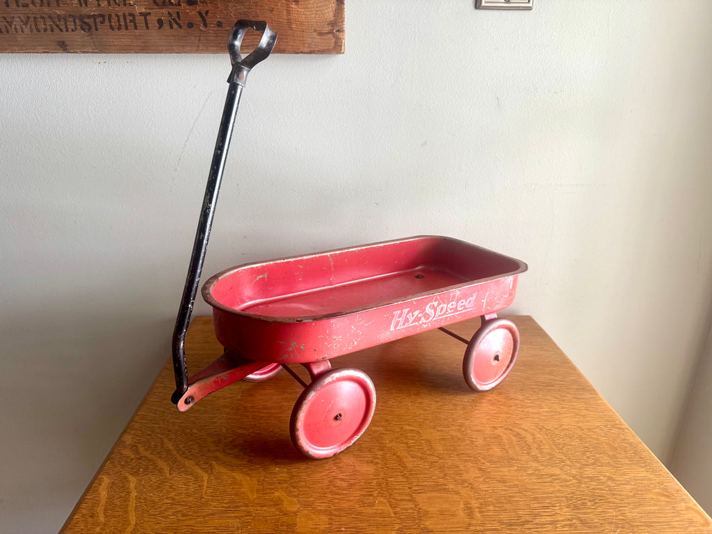 1950's Hy-Speed Red Wagon Miniature 15" x 7" with Steel Wheels | Distressed Hy-Speed Pressed Metal Wagon | Made in USA