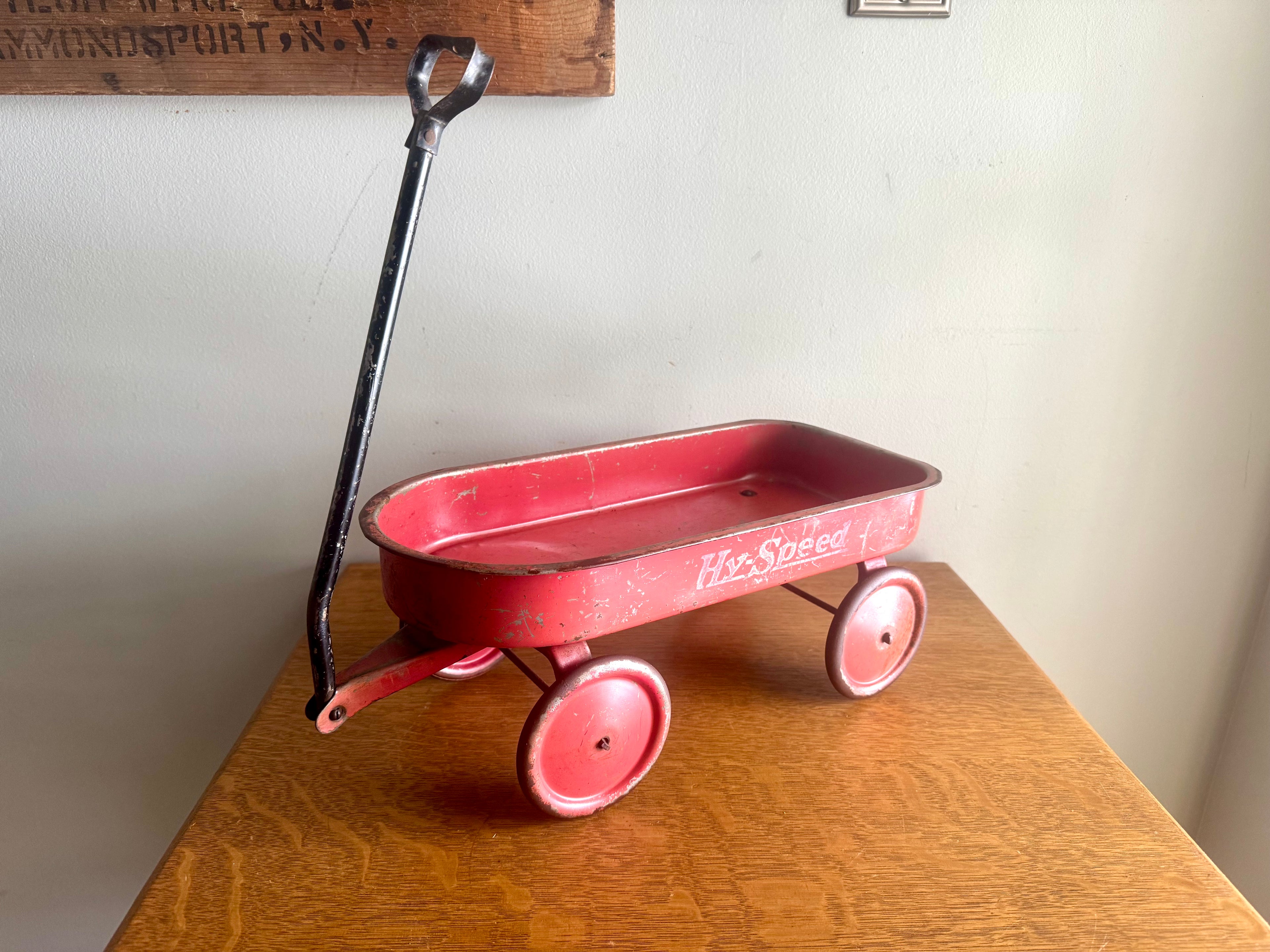1950's Hy-Speed Red Wagon Miniature 15" x 7" with Steel Wheels | Distressed Hy-Speed Pressed Metal Wagon | Made in USA