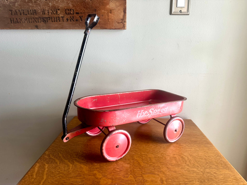 1950's Hy-Speed Red Wagon Miniature 15" x 7" with Steel Wheels | Distressed Hy-Speed Pressed Metal Wagon | Made in USA