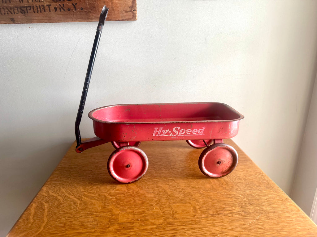 1950's Hy-Speed Red Wagon Miniature 15" x 7" with Steel Wheels | Distressed Hy-Speed Pressed Metal Wagon | Made in USA