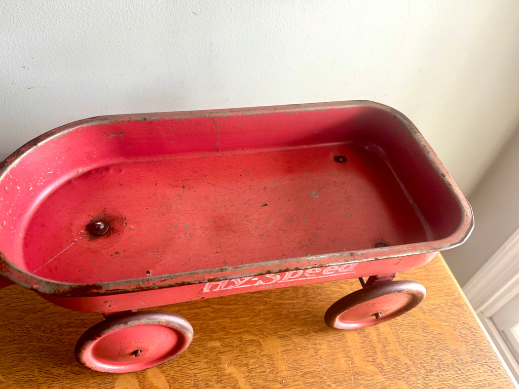 1950's Hy-Speed Red Wagon Miniature 15" x 7" with Steel Wheels | Distressed Hy-Speed Pressed Metal Wagon | Made in USA