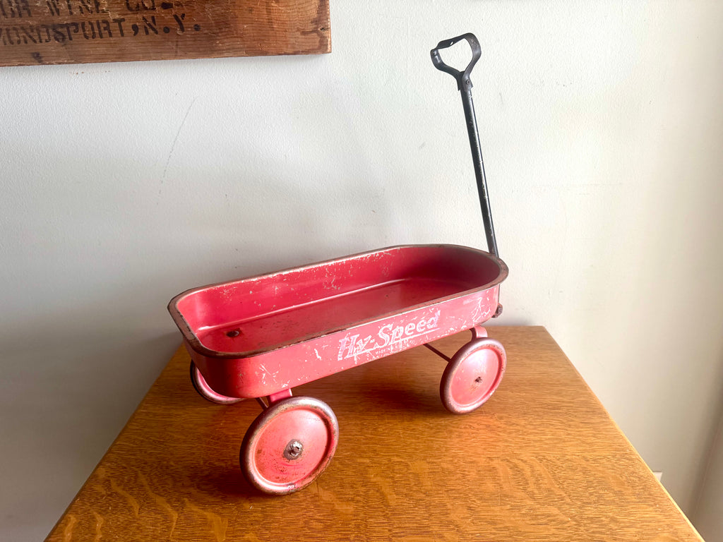 1950's Hy-Speed Red Wagon Miniature 15" x 7" with Steel Wheels | Distressed Hy-Speed Pressed Metal Wagon | Made in USA