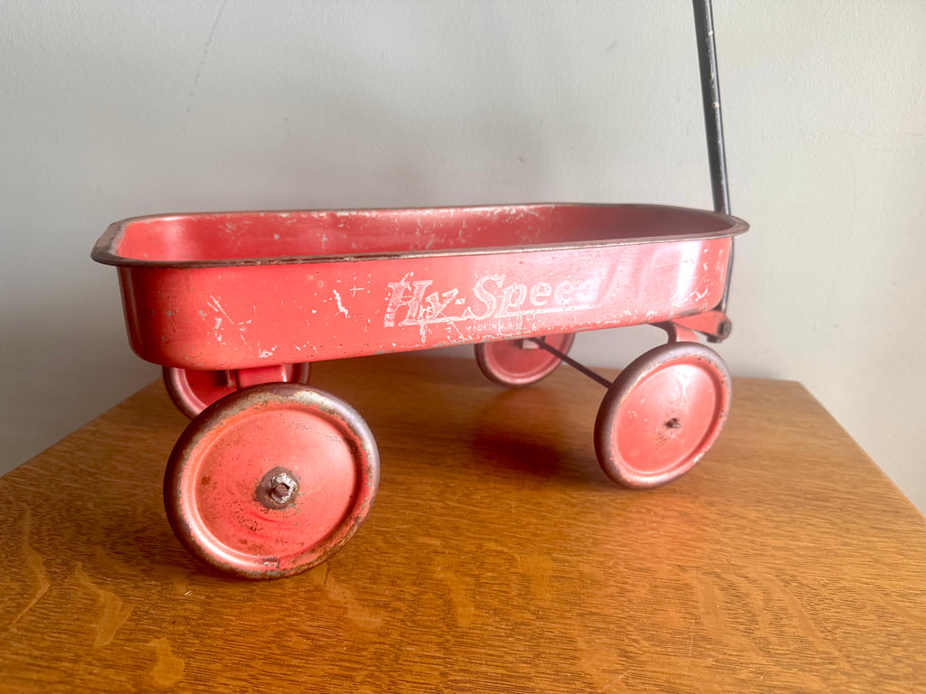 1950's Hy-Speed Red Wagon Miniature 15" x 7" with Steel Wheels | Distressed Hy-Speed Pressed Metal Wagon | Made in USA