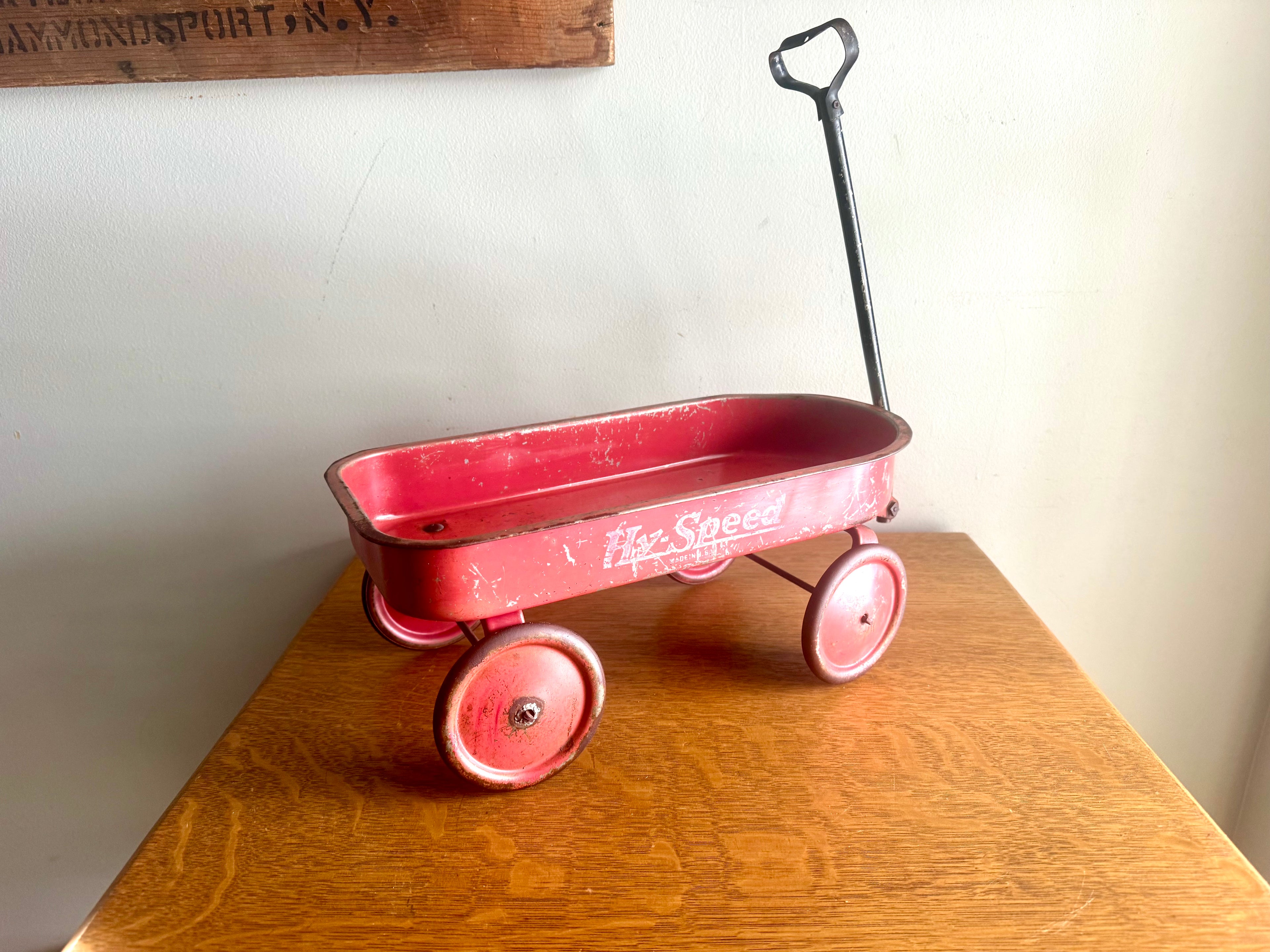 1950's Hy-Speed Red Wagon Miniature 15" x 7" with Steel Wheels | Distressed Hy-Speed Pressed Metal Wagon | Made in USA