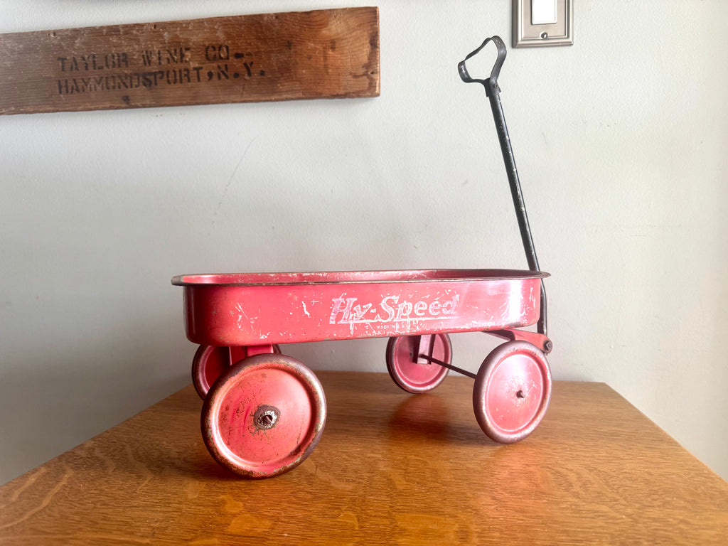 1950's Hy-Speed Red Wagon Miniature 15" x 7" with Steel Wheels | Distressed Hy-Speed Pressed Metal Wagon | Made in USA