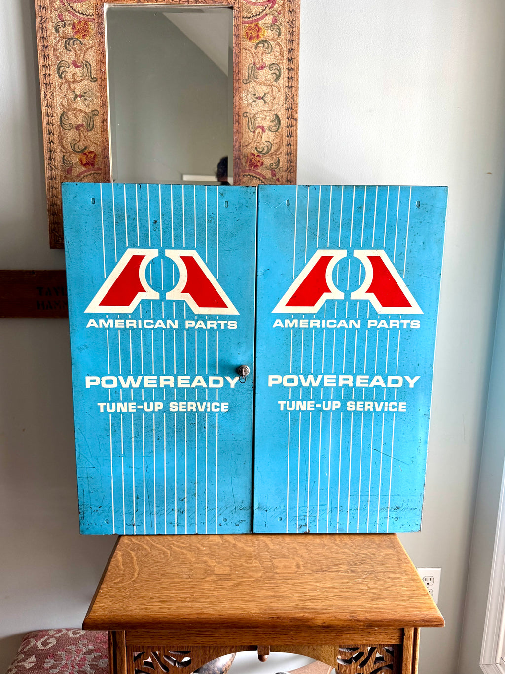 Vintage Metal American Parts Wall Cabinet| Blue Big Poweready Parts Cabinet | Power Ready Automotive Advertisement Bin | Industrial Cabinet