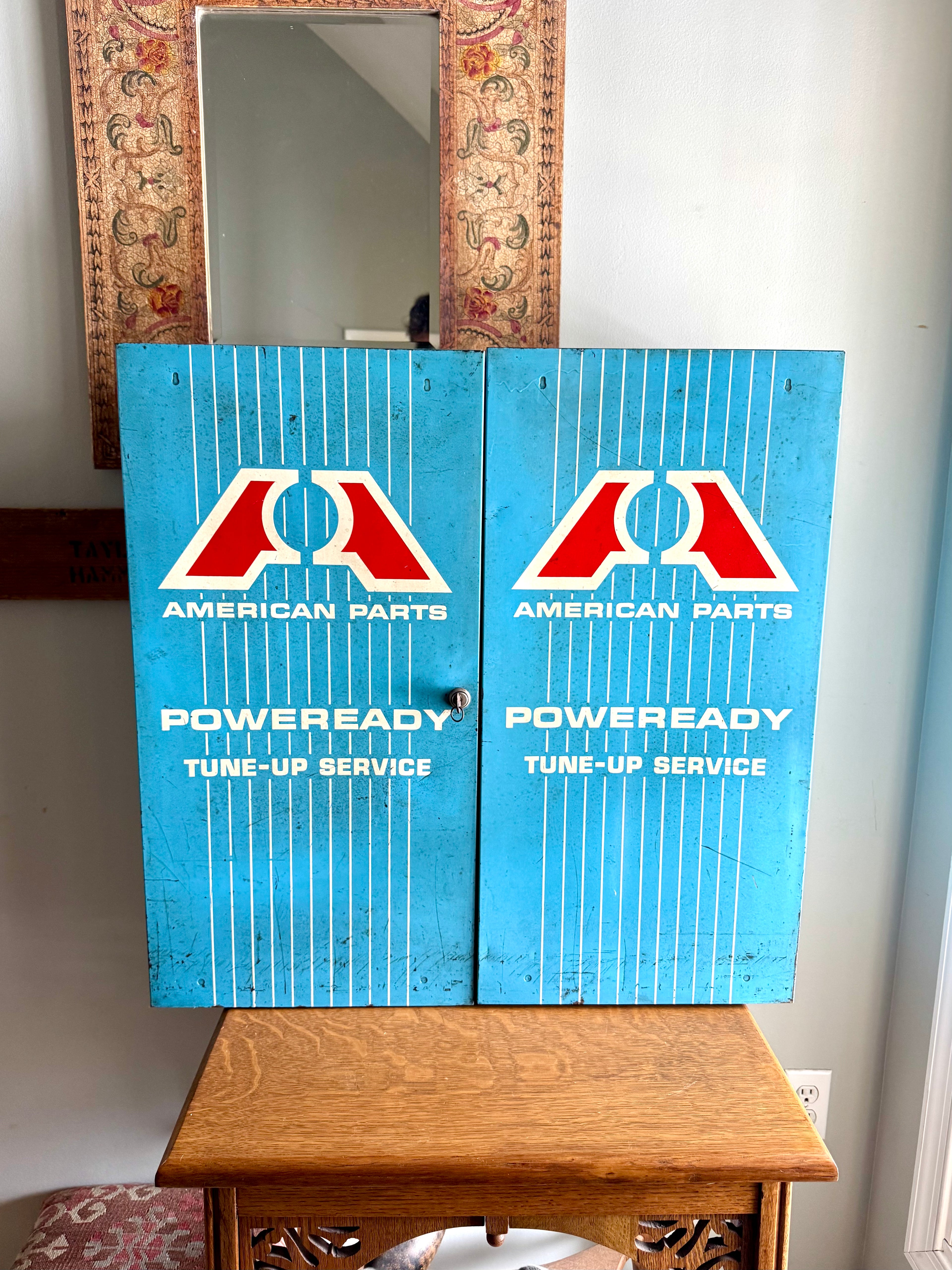 Vintage Metal American Parts Wall Cabinet| Blue Big Poweready Parts Cabinet | Power Ready Automotive Advertisement Bin | Industrial Cabinet