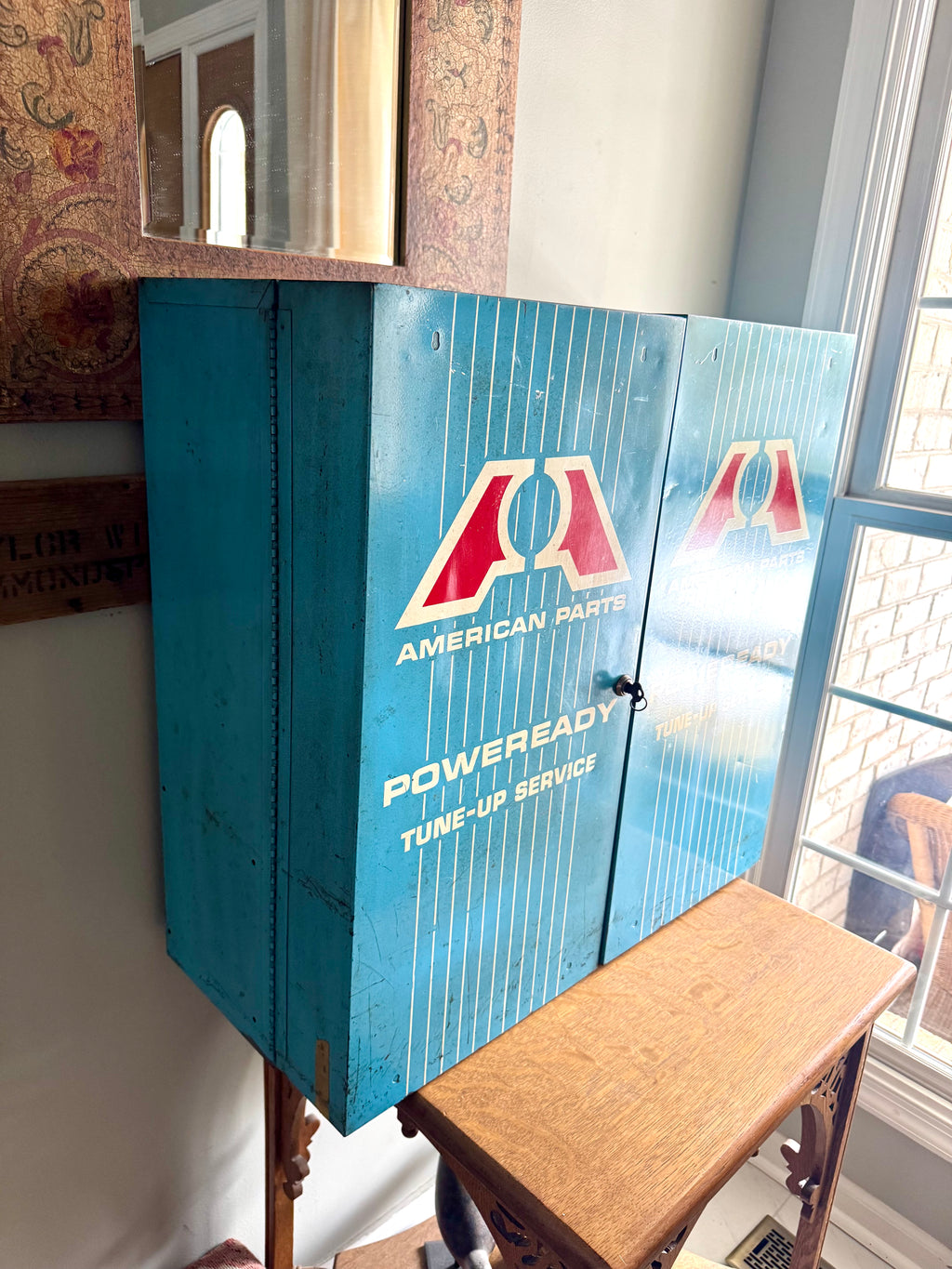 Vintage Metal American Parts Wall Cabinet| Blue Big Poweready Parts Cabinet | Power Ready Automotive Advertisement Bin | Industrial Cabinet
