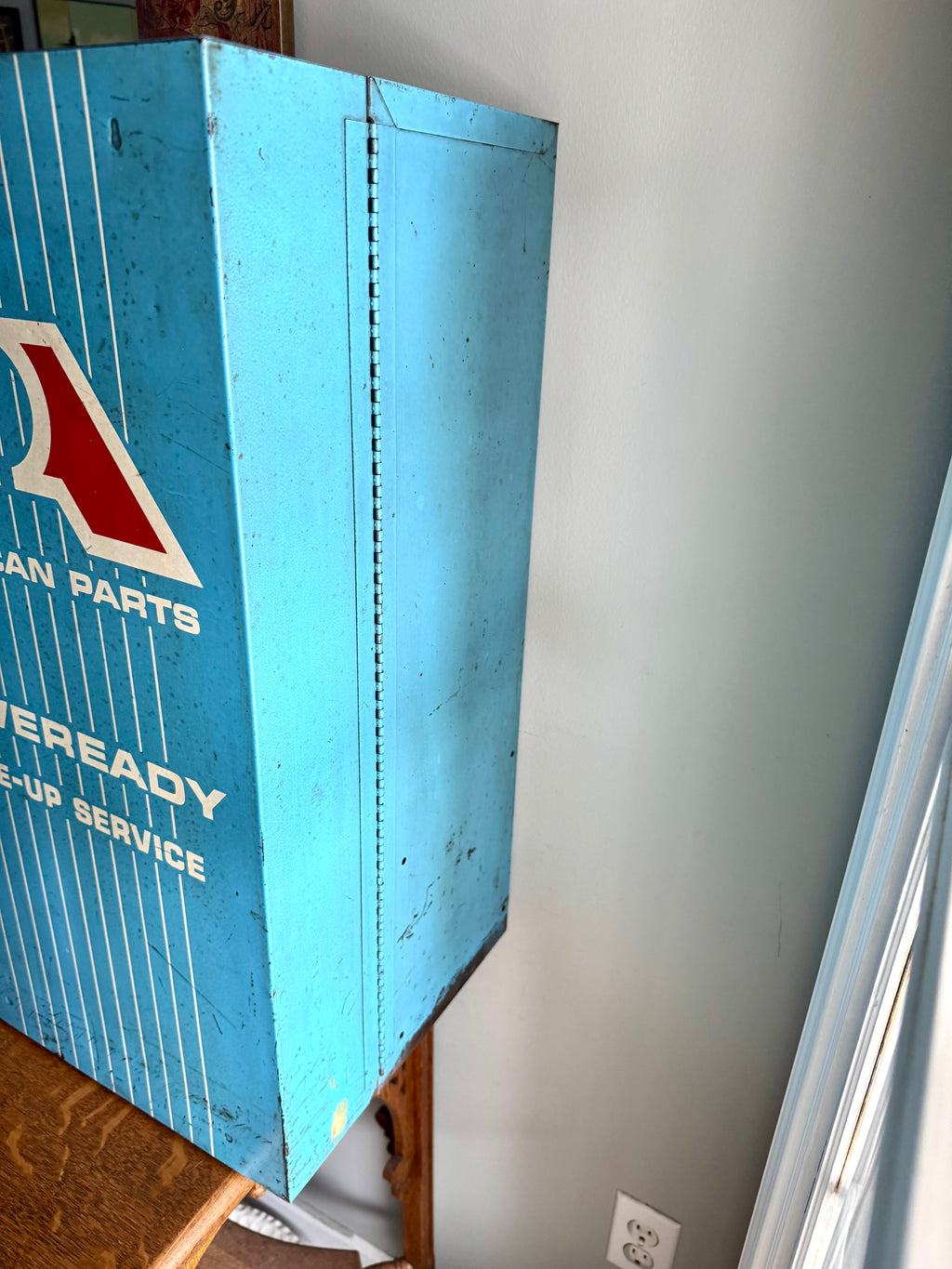 Vintage Metal American Parts Wall Cabinet| Blue Big Poweready Parts Cabinet | Power Ready Automotive Advertisement Bin | Industrial Cabinet