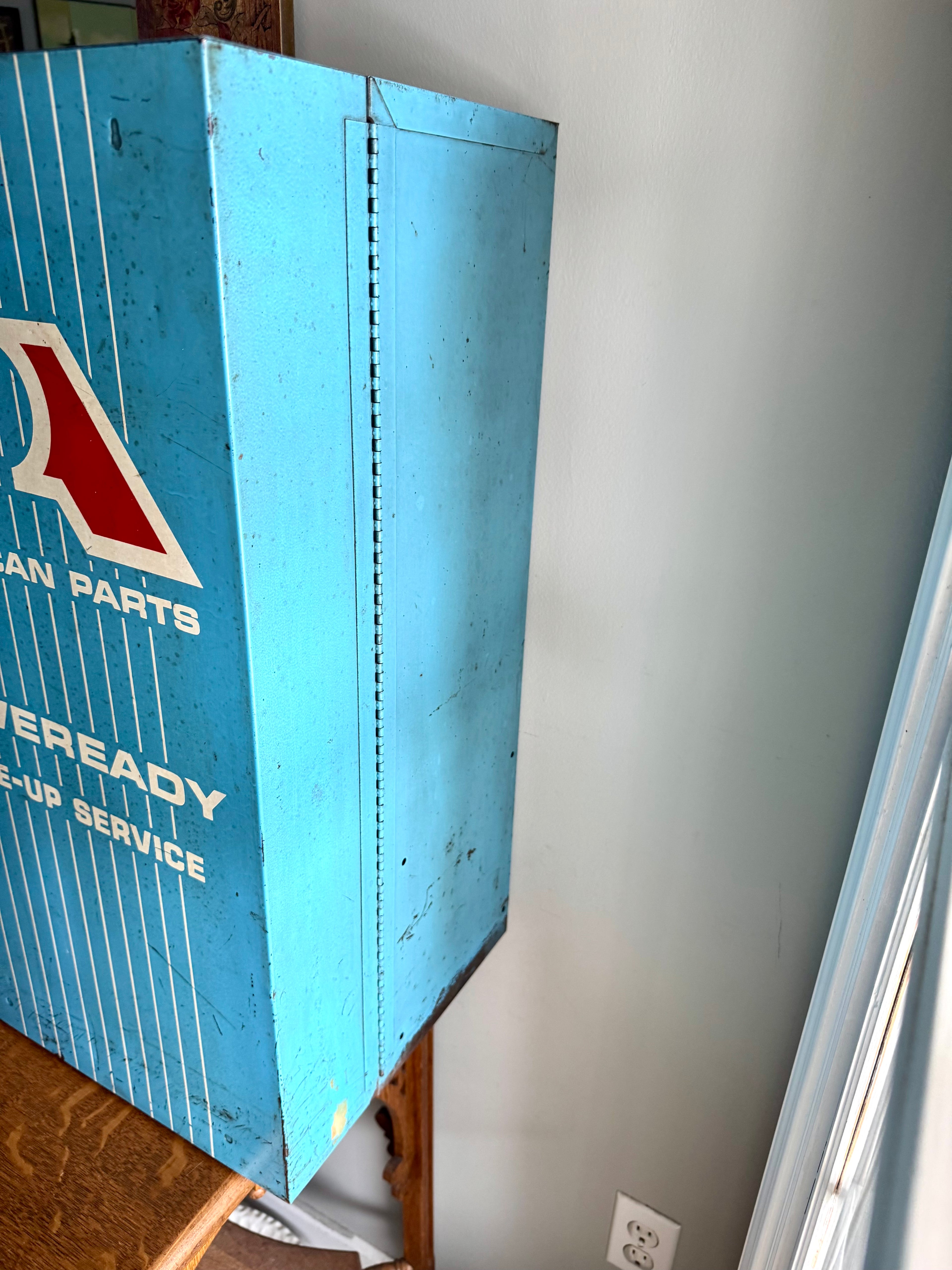 Vintage Metal American Parts Wall Cabinet| Blue Big Poweready Parts Cabinet | Power Ready Automotive Advertisement Bin | Industrial Cabinet