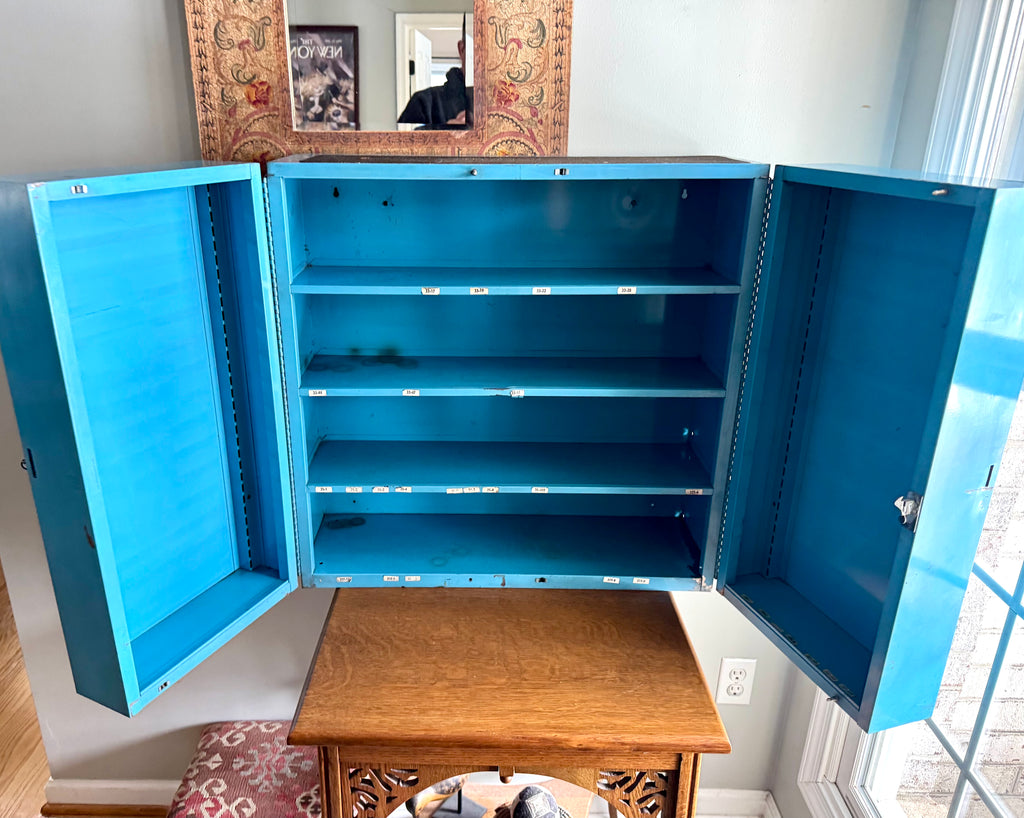Vintage Metal American Parts Wall Cabinet| Blue Big Poweready Parts Cabinet | Power Ready Automotive Advertisement Bin | Industrial Cabinet