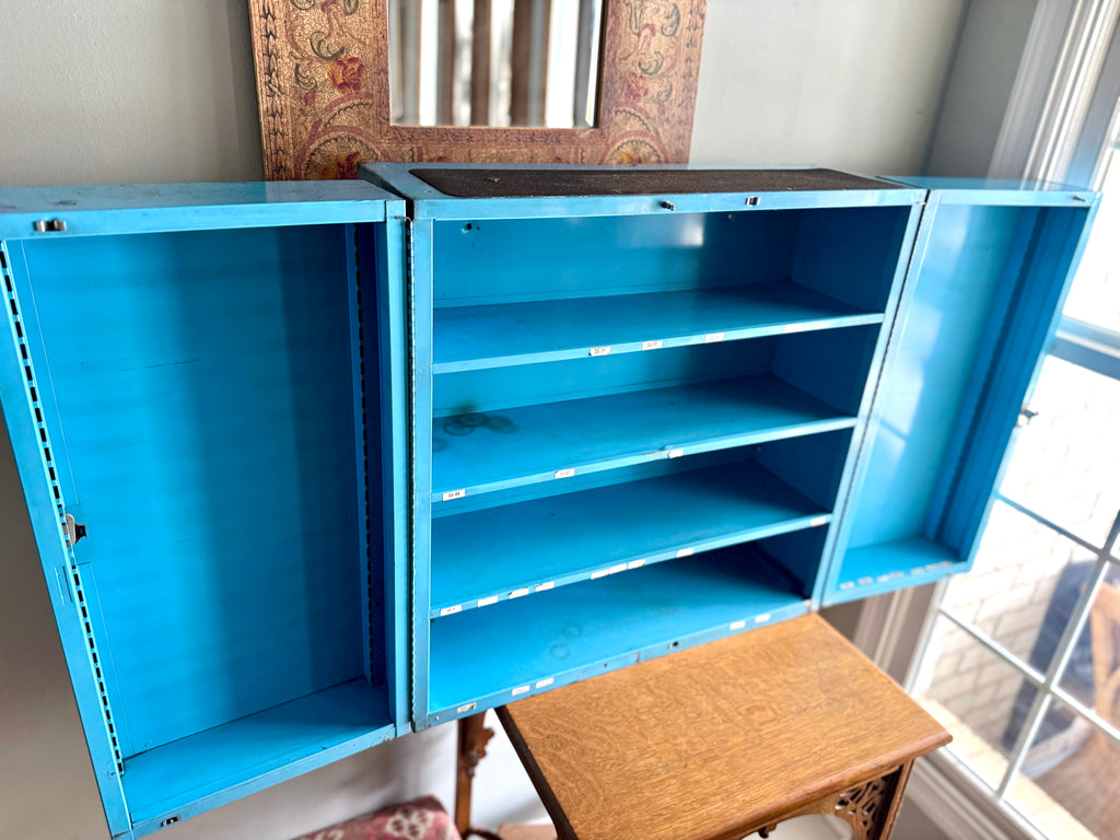 Vintage Metal American Parts Wall Cabinet| Blue Big Poweready Parts Cabinet | Power Ready Automotive Advertisement Bin | Industrial Cabinet