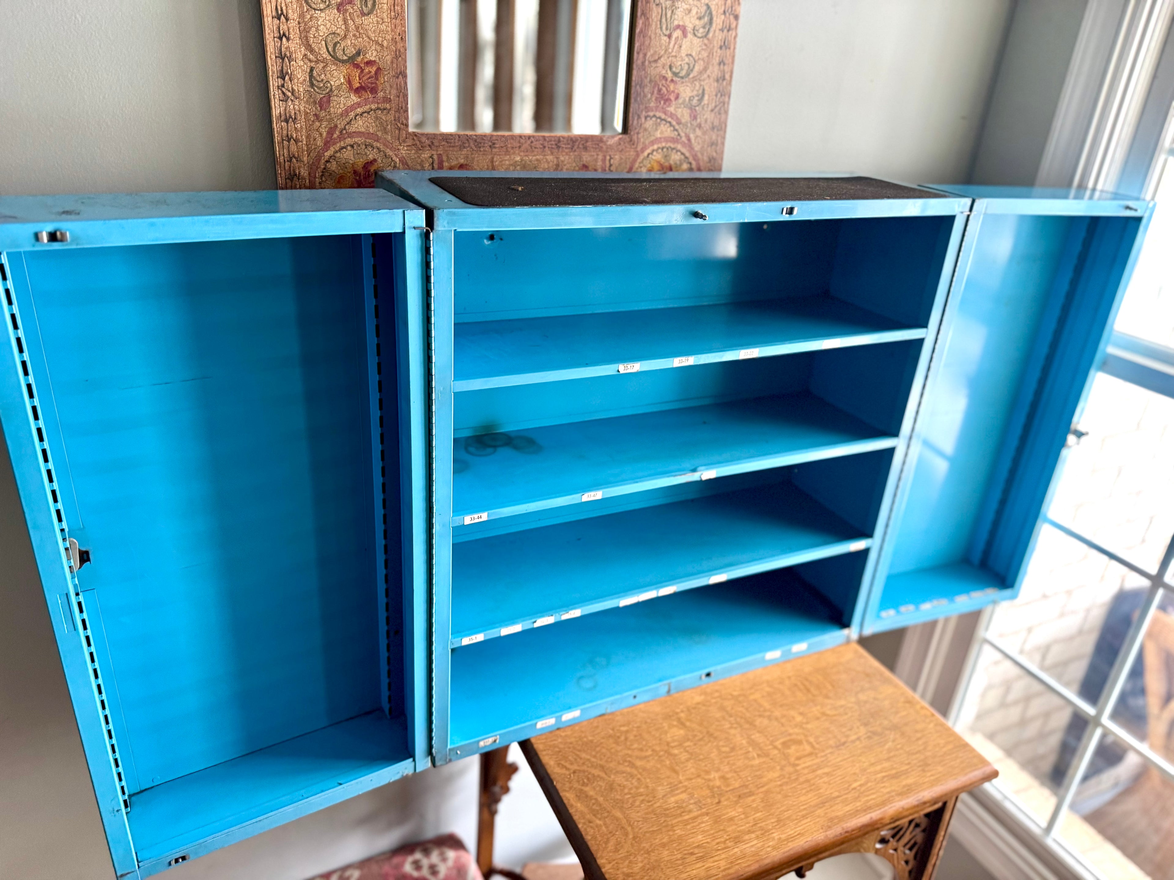 Vintage Metal American Parts Wall Cabinet| Blue Big Poweready Parts Cabinet | Power Ready Automotive Advertisement Bin | Industrial Cabinet