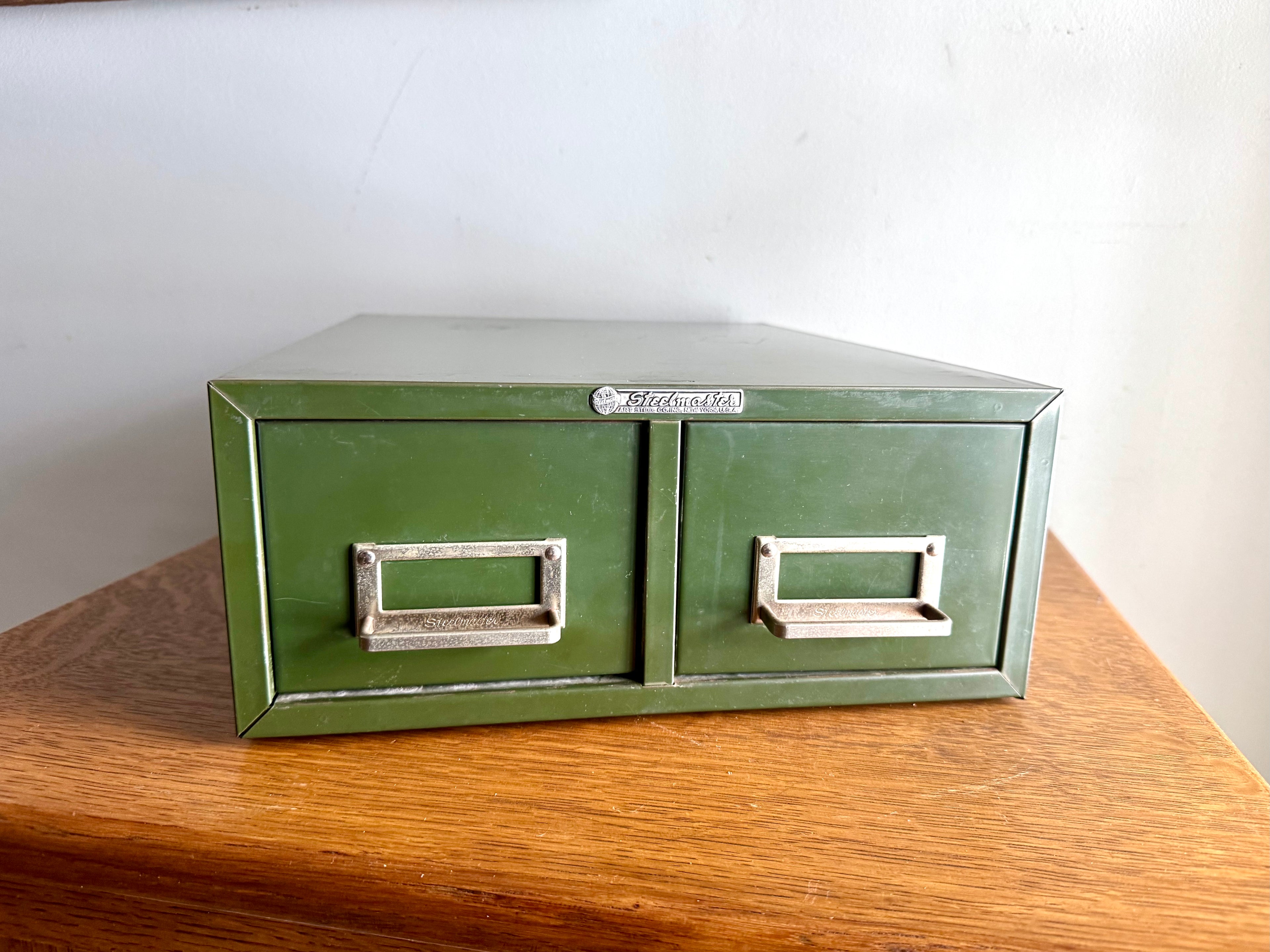 Vtg Rustic Green Steelmaster Cabinet | Green Metal Index Card Catalog | Double Drawer Storage | Industrial Storage Bin | Library Card Cabinet