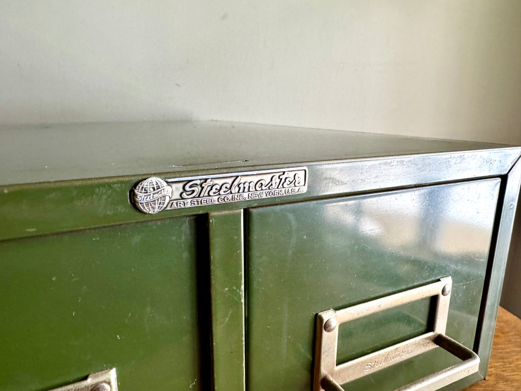 Vtg Rustic Green Steelmaster Cabinet | Green Metal Index Card Catalog | Double Drawer Storage | Industrial Storage Bin | Library Card Cabinet