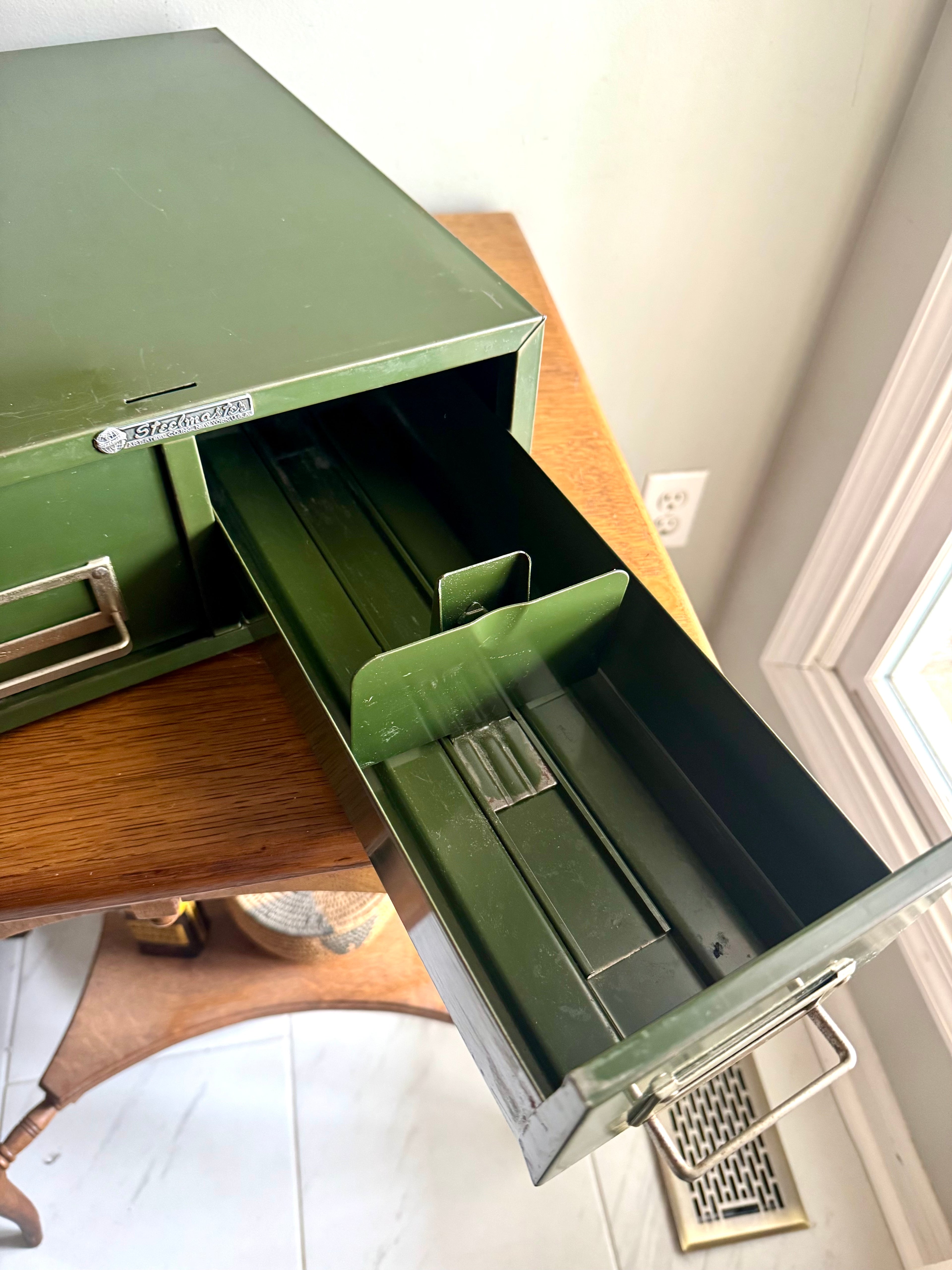Vtg Rustic Green Steelmaster Cabinet | Green Metal Index Card Catalog | Double Drawer Storage | Industrial Storage Bin | Library Card Cabinet