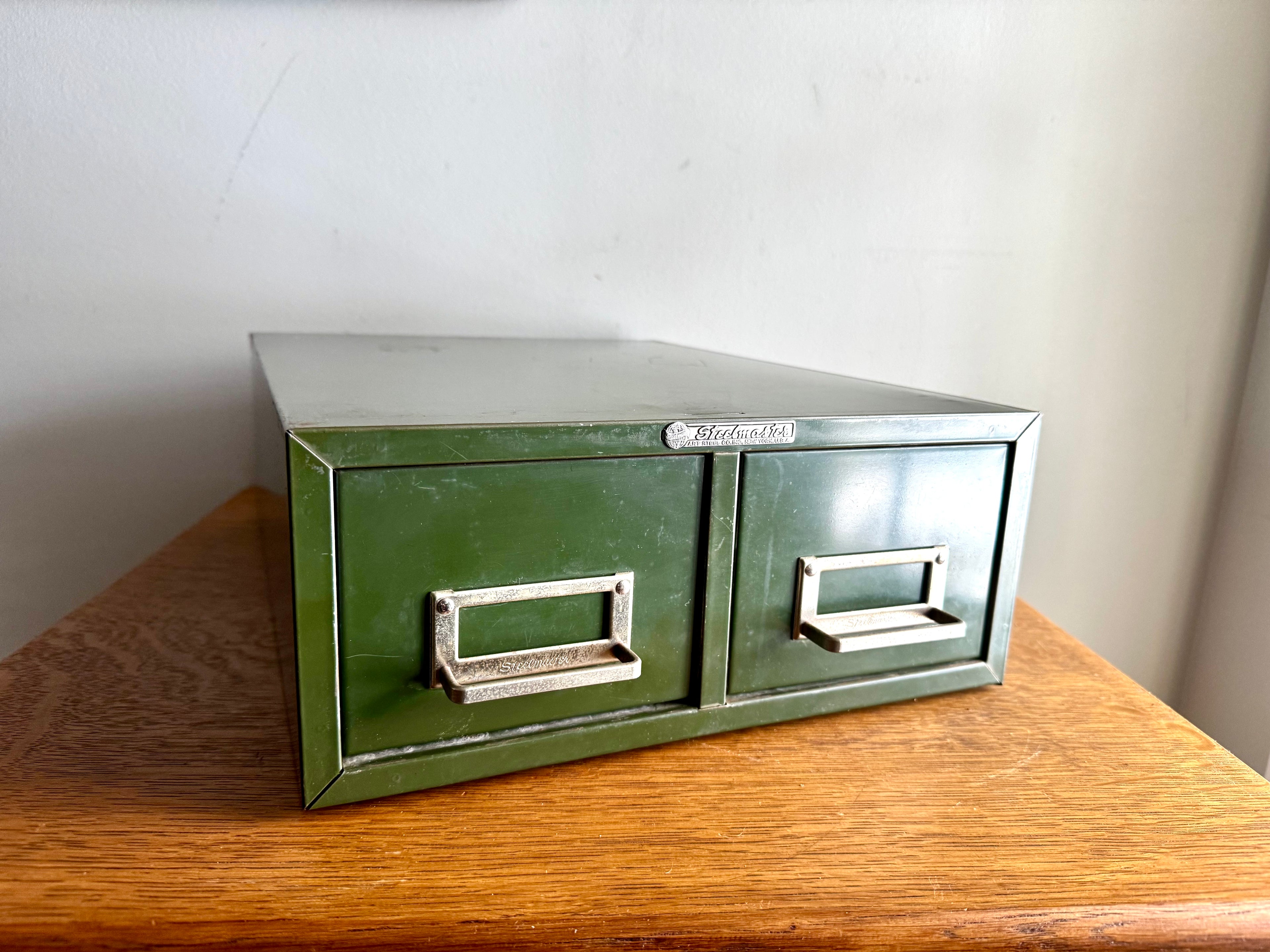 Vtg Rustic Green Steelmaster Cabinet | Green Metal Index Card Catalog | Double Drawer Storage | Industrial Storage Bin | Library Card Cabinet