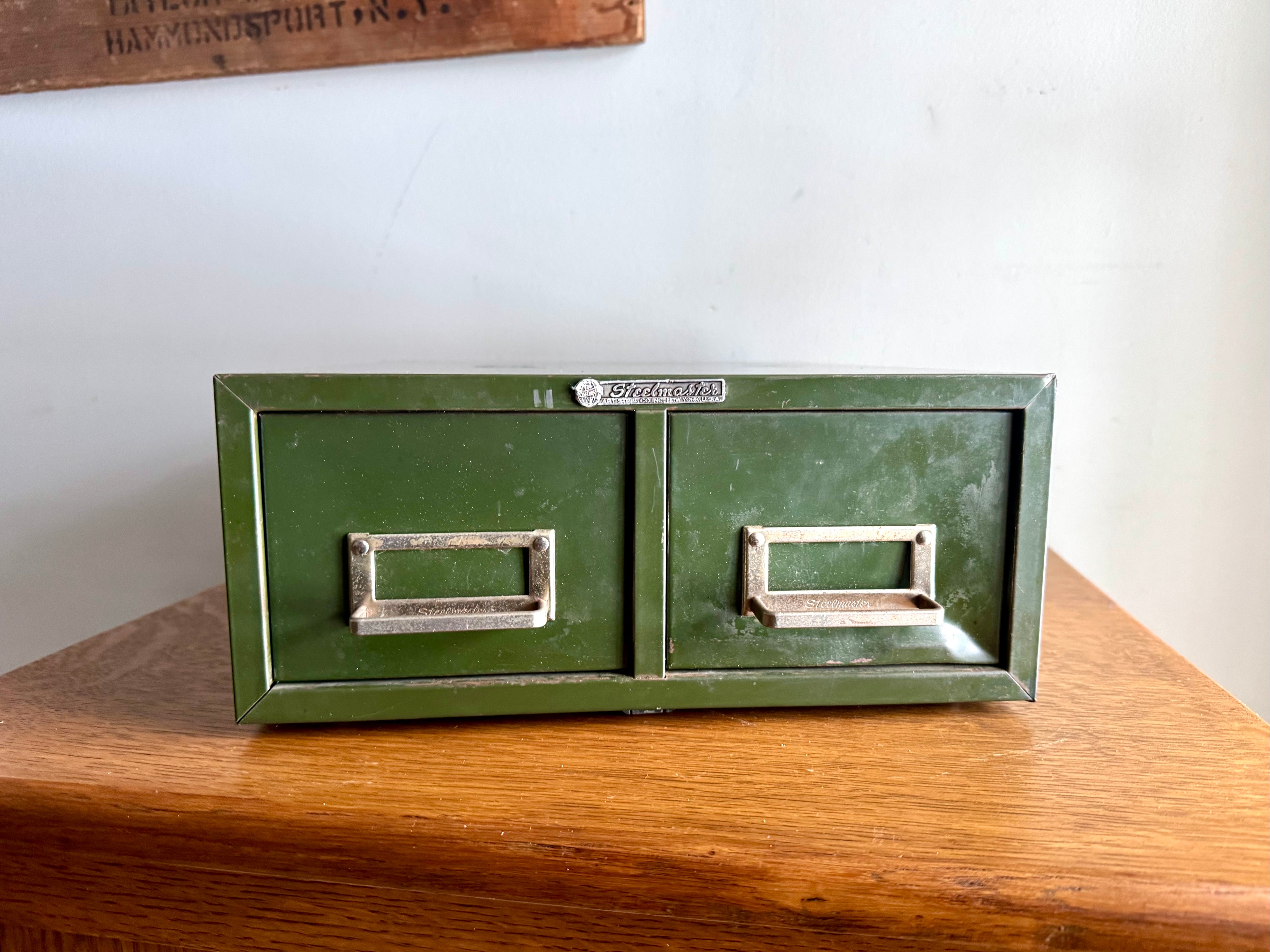 Vtg Rustic Green Steelmaster Cabinet | Green Metal Index Card Catalog | Double Drawer Storage | Industrial Storage Bin | Library Card Cabinet