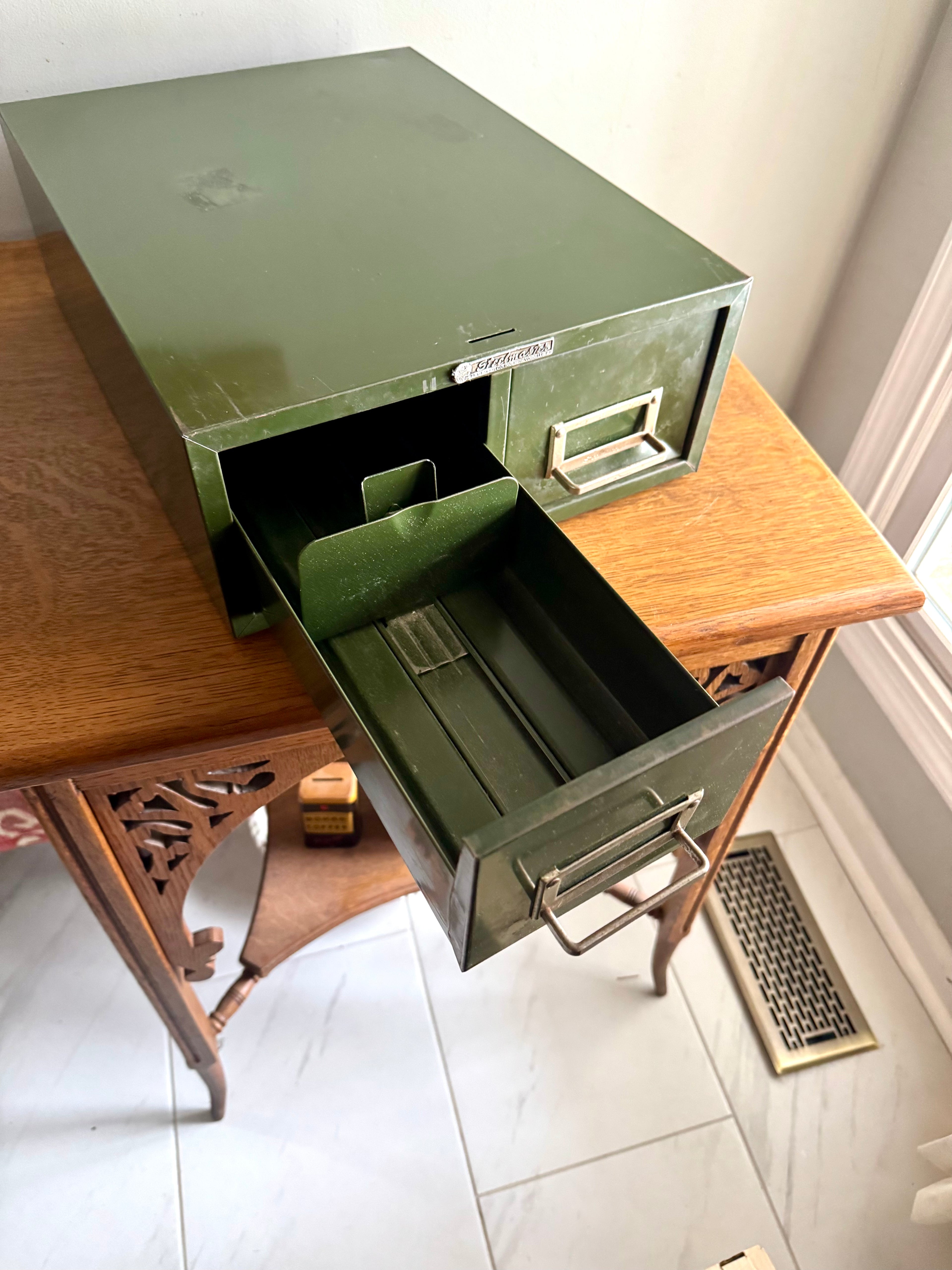 Vtg Rustic Green Steelmaster Cabinet | Green Metal Index Card Catalog | Double Drawer Storage | Industrial Storage Bin | Library Card Cabinet