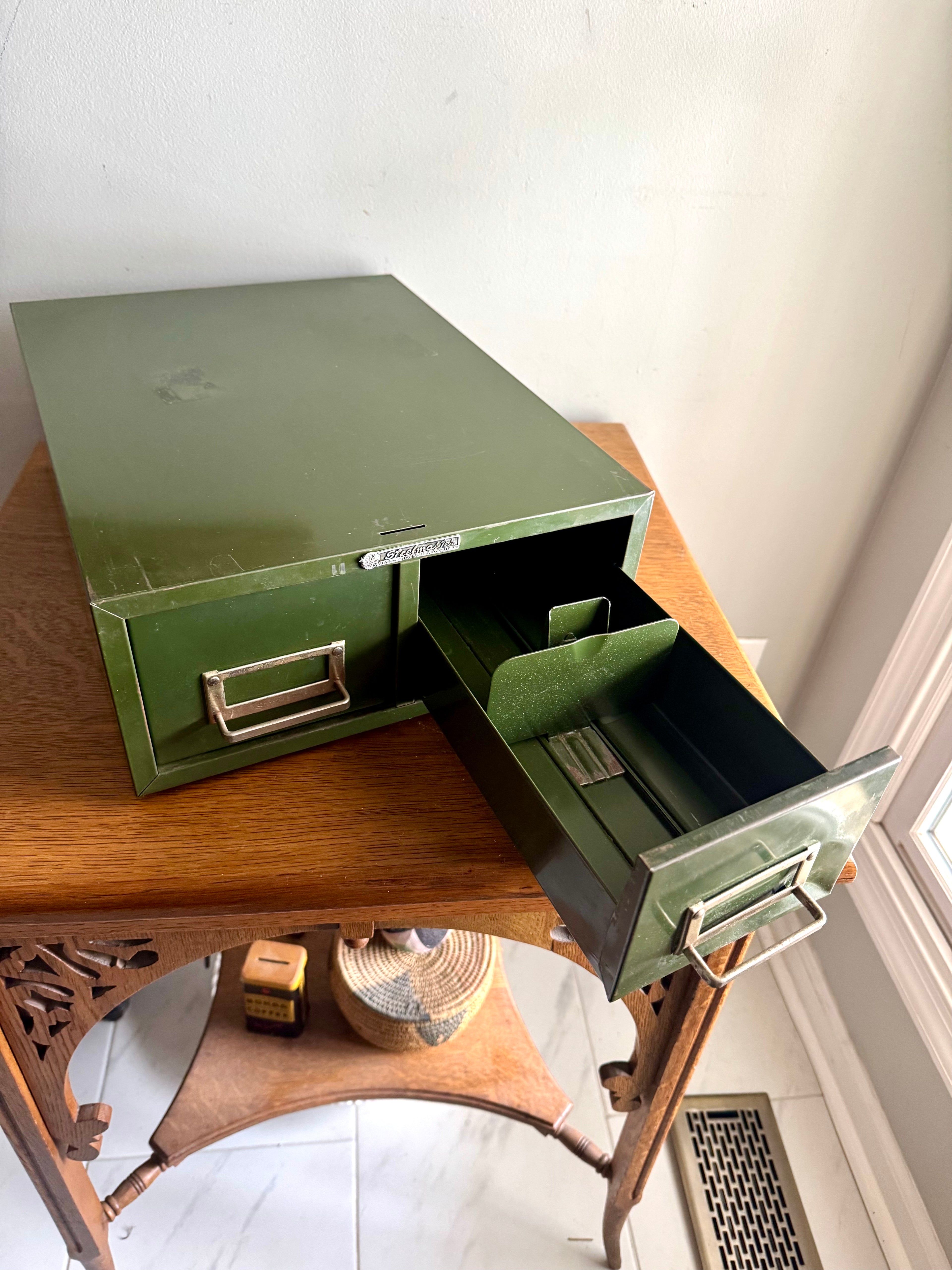 Vtg Rustic Green Steelmaster Cabinet | Green Metal Index Card Catalog | Double Drawer Storage | Industrial Storage Bin | Library Card Cabinet