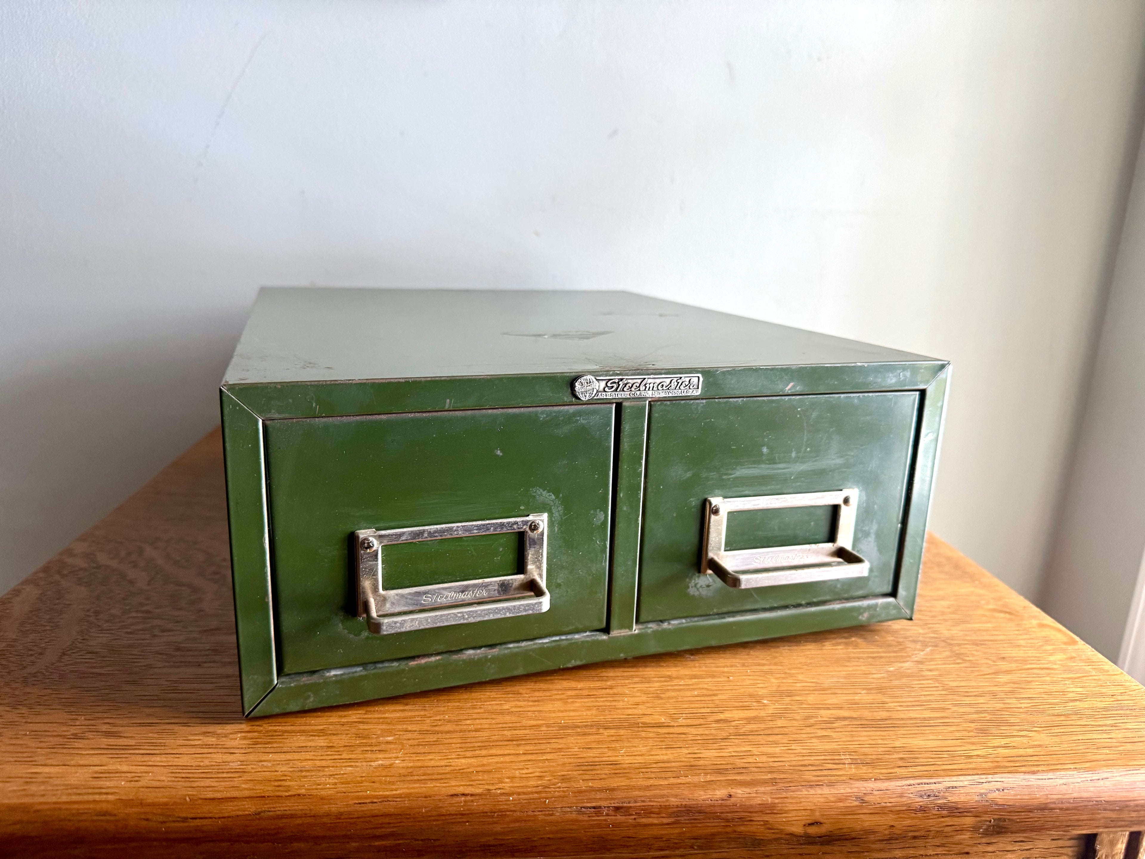 Vtg Rustic Green Steelmaster Cabinet | Green Metal Index Card Catalog | Double Drawer Storage | Industrial Storage Bin | Library Card Cabinet