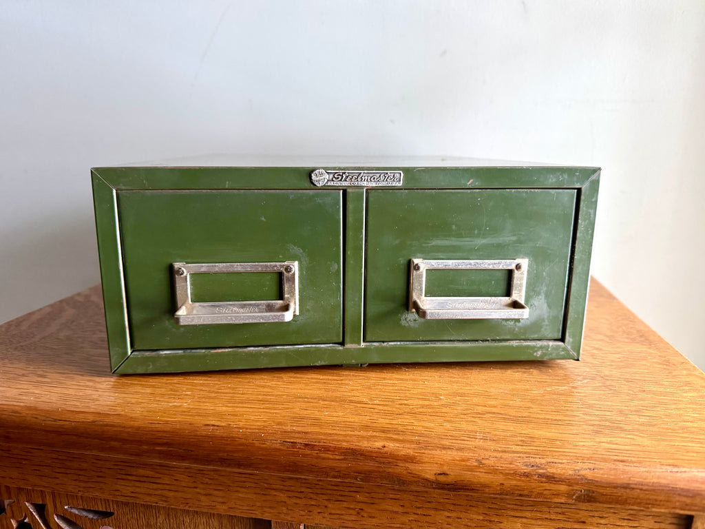 Vtg Rustic Green Steelmaster Cabinet | Green Metal Index Card Catalog | Double Drawer Storage | Industrial Storage Bin | Library Card Cabinet