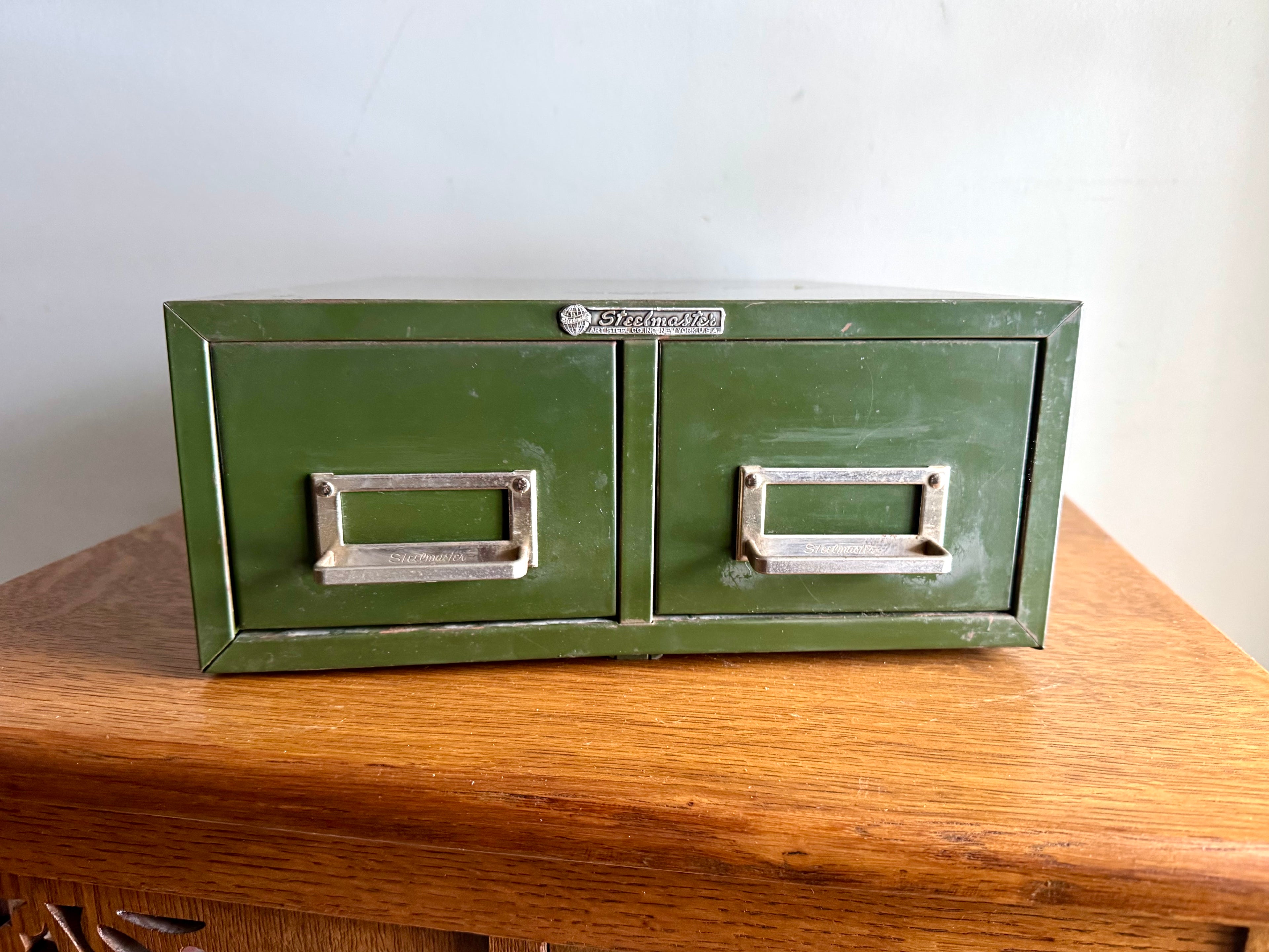 Vtg Rustic Green Steelmaster Cabinet | Green Metal Index Card Catalog | Double Drawer Storage | Industrial Storage Bin | Library Card Cabinet