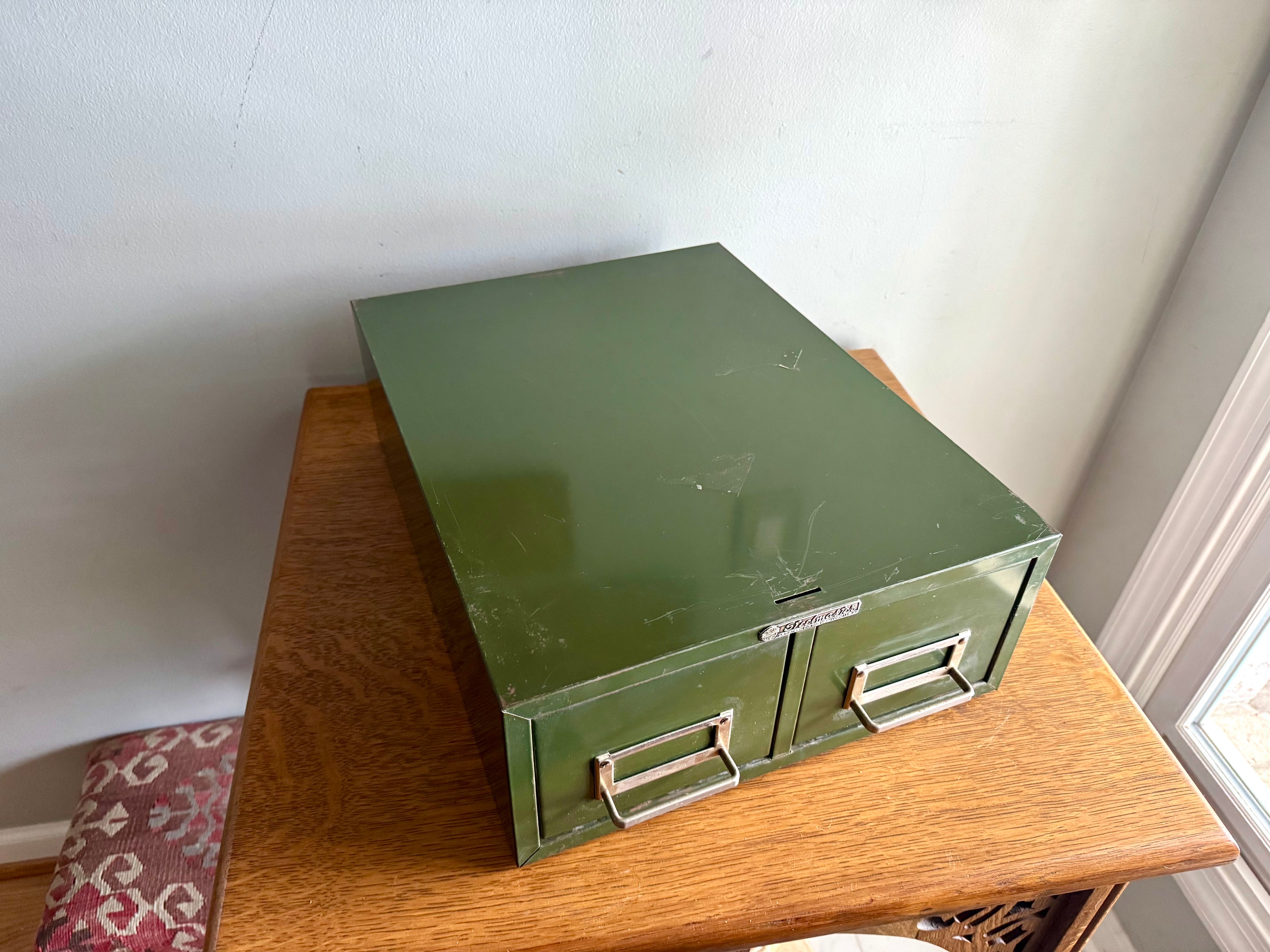 Vtg Rustic Green Steelmaster Cabinet | Green Metal Index Card Catalog | Double Drawer Storage | Industrial Storage Bin | Library Card Cabinet