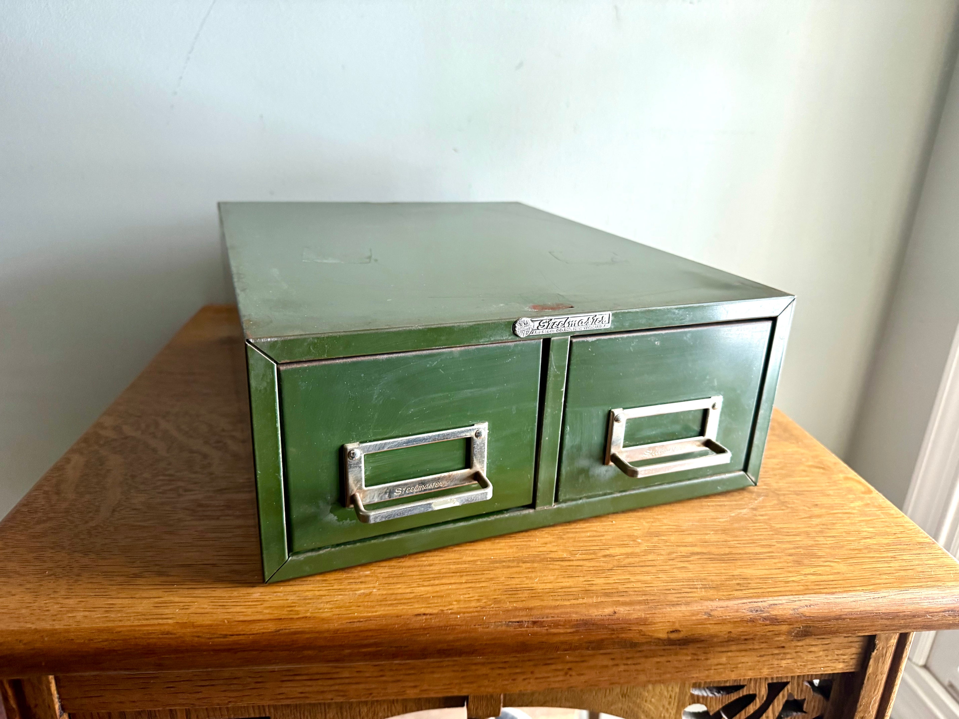 Vtg Rustic Green Steelmaster Cabinet | Green Metal Index Card Catalog | Double Drawer Storage | Industrial Storage Bin | Library Card Cabinet