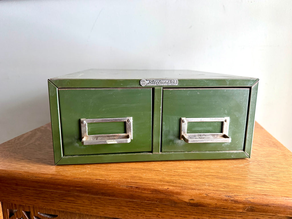 Vtg Rustic Green Steelmaster Cabinet | Green Metal Index Card Catalog | Double Drawer Storage | Industrial Storage Bin | Library Card Cabinet