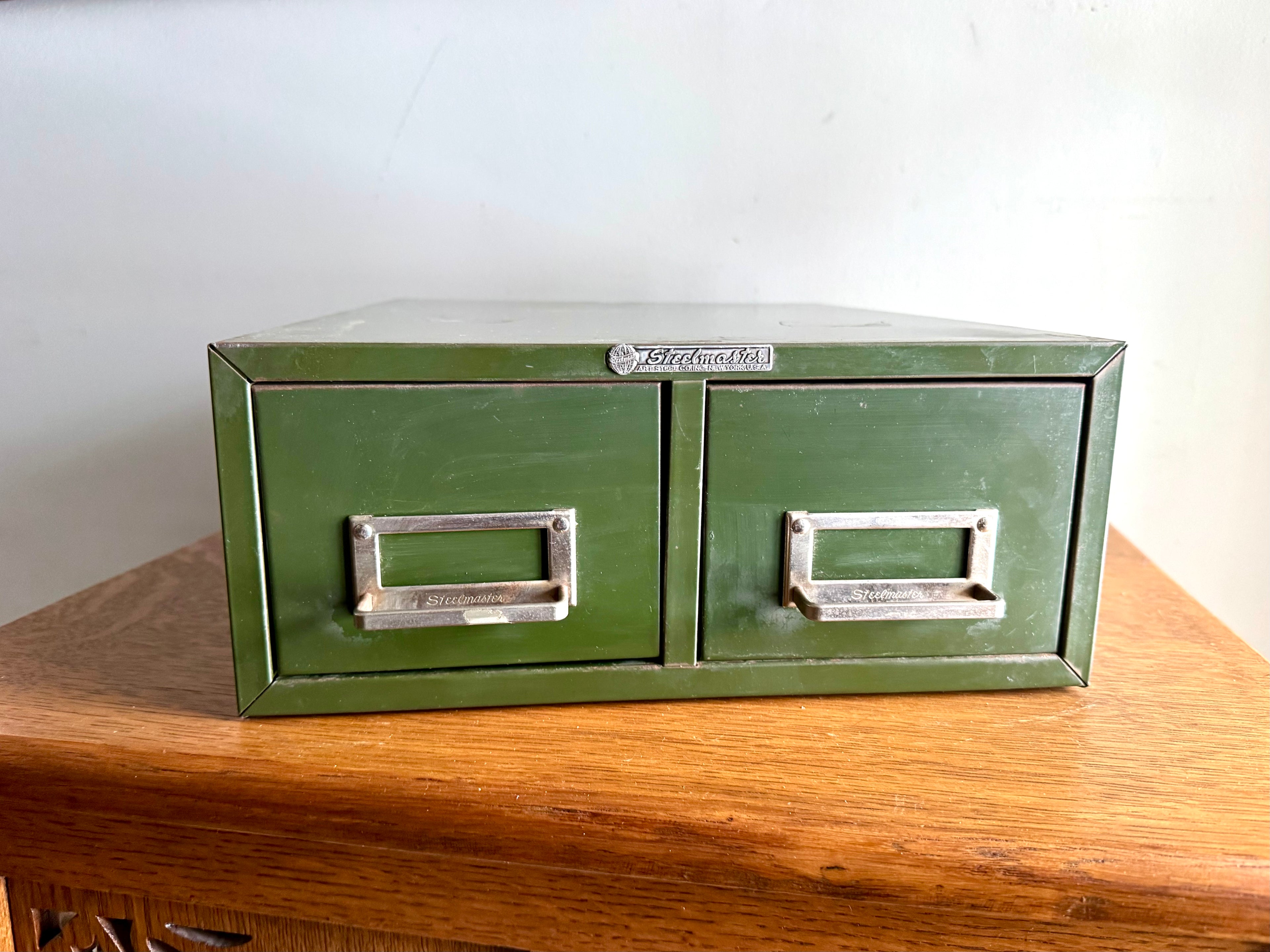 Vtg Rustic Green Steelmaster Cabinet | Green Metal Index Card Catalog | Double Drawer Storage | Industrial Storage Bin | Library Card Cabinet