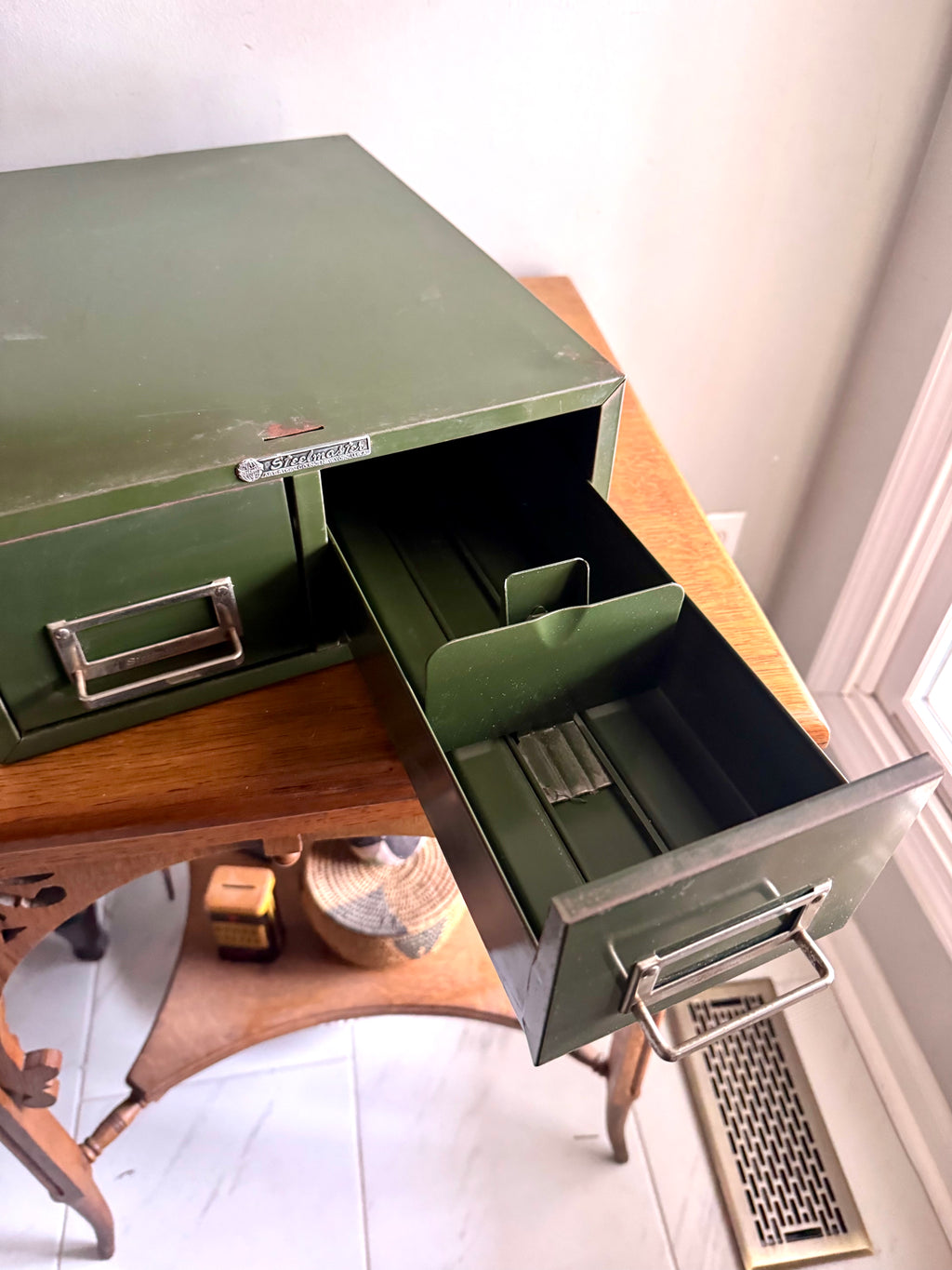Vtg Rustic Green Steelmaster Cabinet | Green Metal Index Card Catalog | Double Drawer Storage | Industrial Storage Bin | Library Card Cabinet