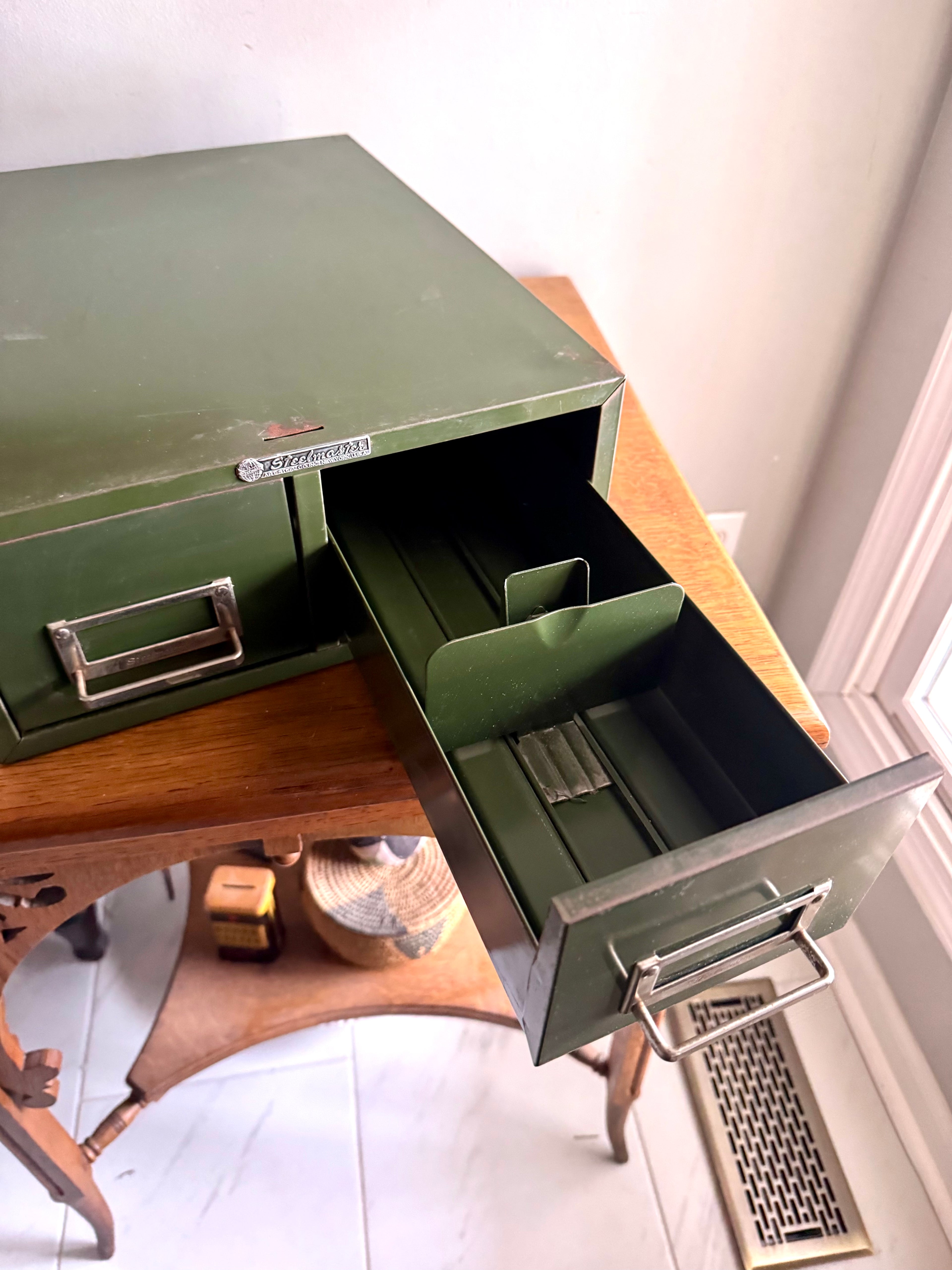 Vtg Rustic Green Steelmaster Cabinet | Green Metal Index Card Catalog | Double Drawer Storage | Industrial Storage Bin | Library Card Cabinet
