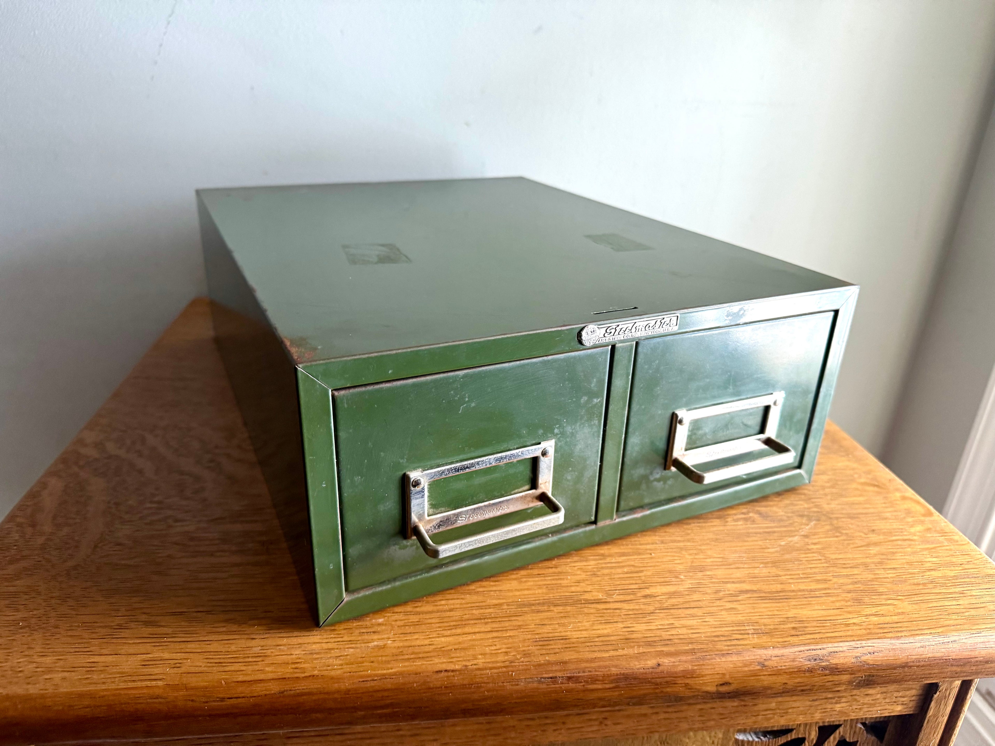 Vtg Rustic Green Steelmaster Cabinet | Green Metal Index Card Catalog | Double Drawer Storage | Industrial Storage Bin | Library Card Cabinet
