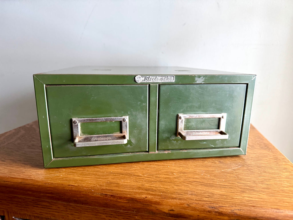 Vtg Rustic Green Steelmaster Cabinet | Green Metal Index Card Catalog | Double Drawer Storage | Industrial Storage Bin | Library Card Cabinet