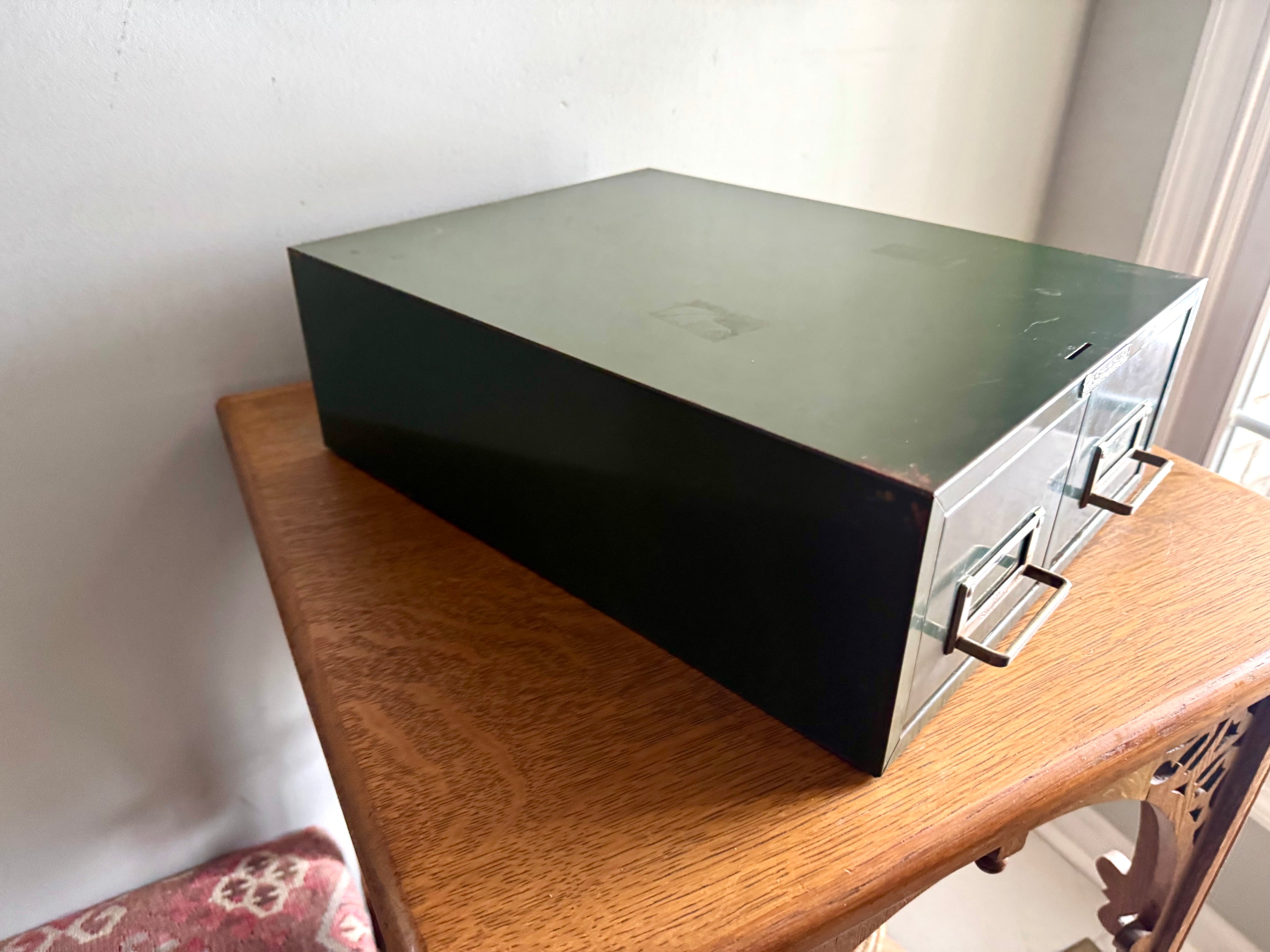 Vtg Rustic Green Steelmaster Cabinet | Green Metal Index Card Catalog | Double Drawer Storage | Industrial Storage Bin | Library Card Cabinet