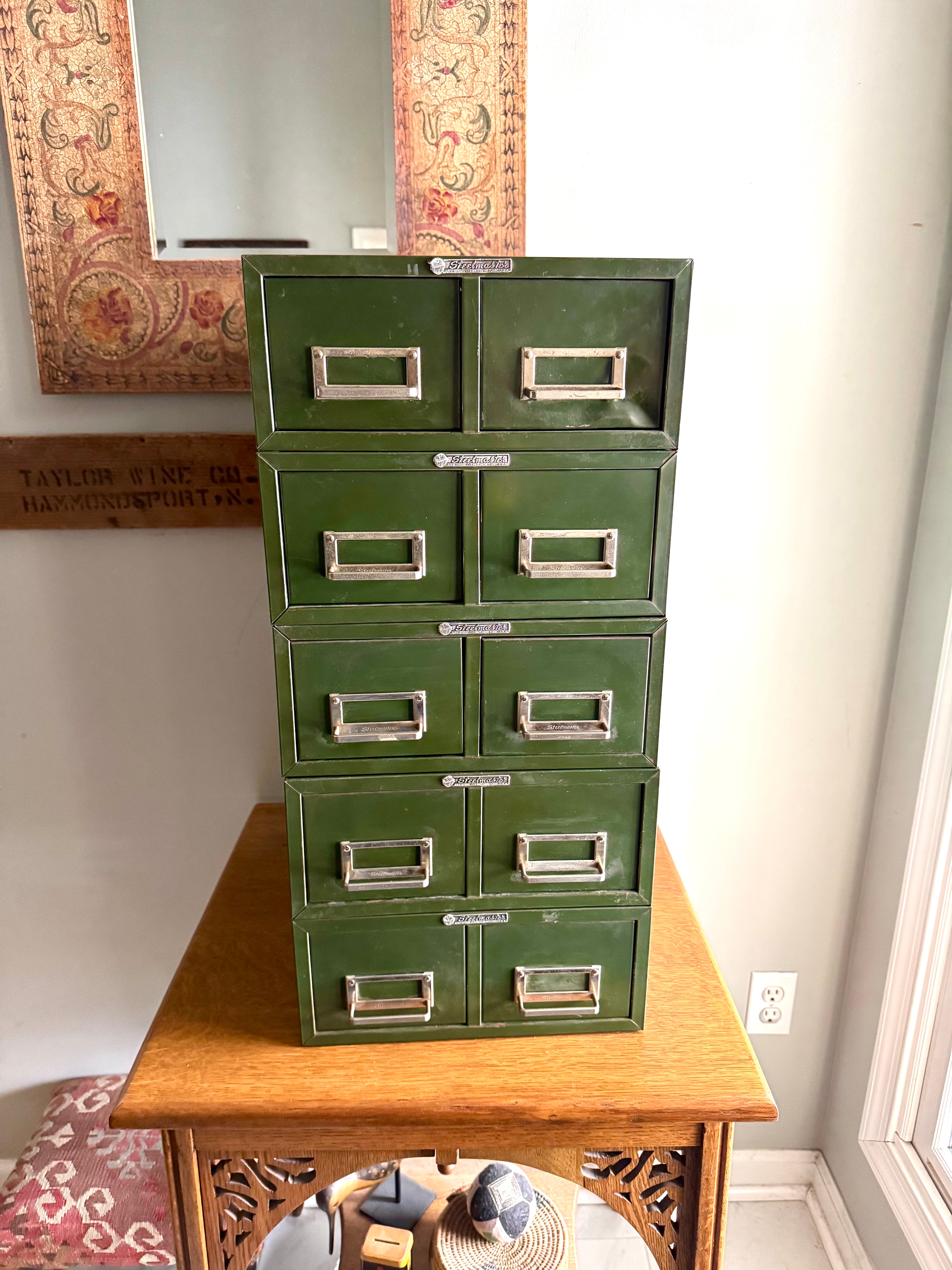 Vtg Rustic Green Steelmaster Cabinet | Green Metal Index Card Catalog | Double Drawer Storage | Industrial Storage Bin | Library Card Cabinet