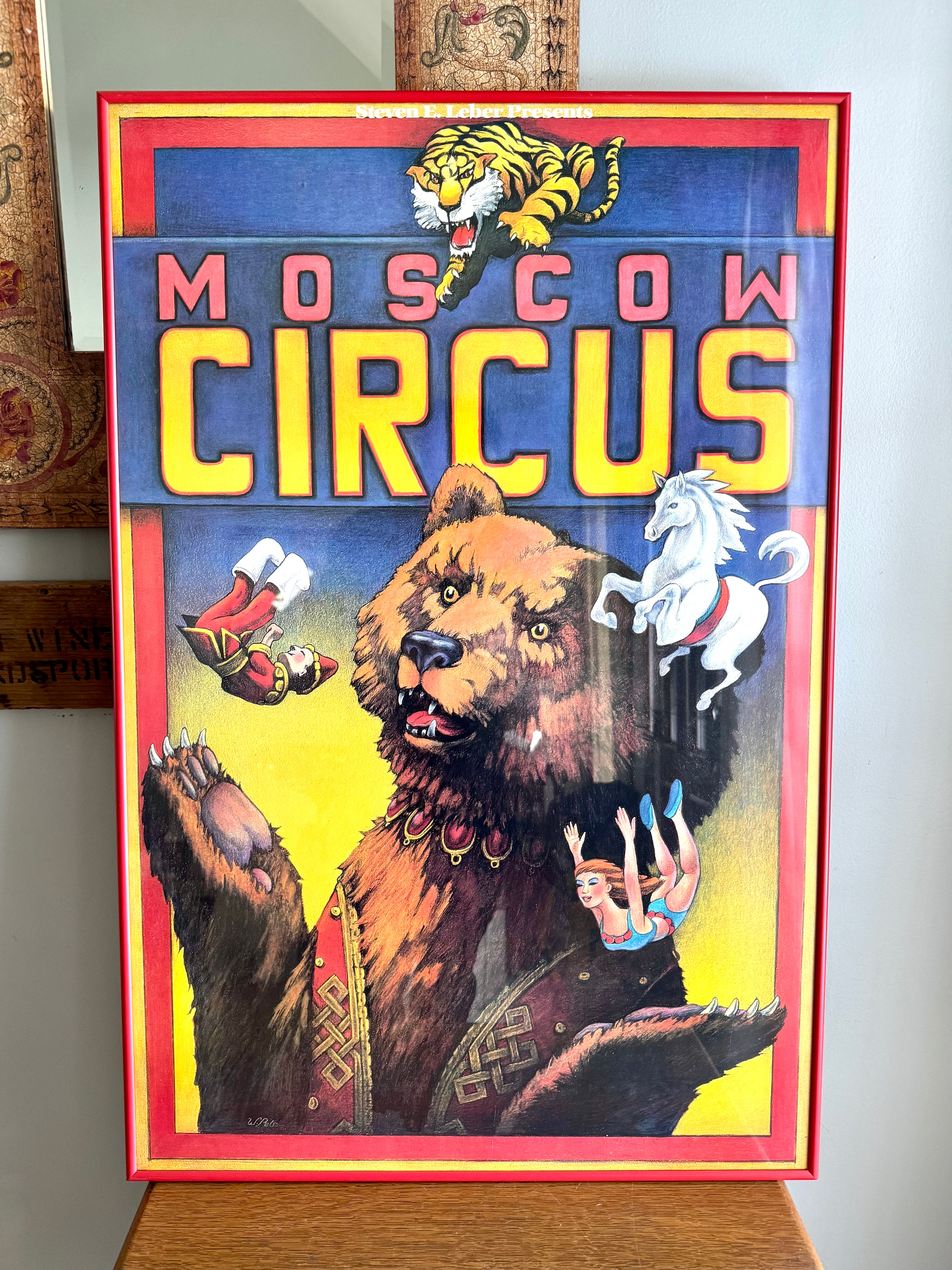 1990 Steven E. Leber Presents Moscow Circus Framed Poster | Glass Framed Moscow Circus Poster 35"x23"