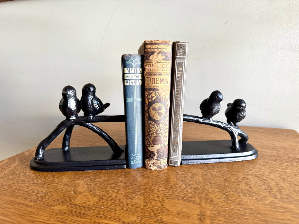 Pair of Birds on a Branch Bookends | Cast Metal Love Bird Bookends
